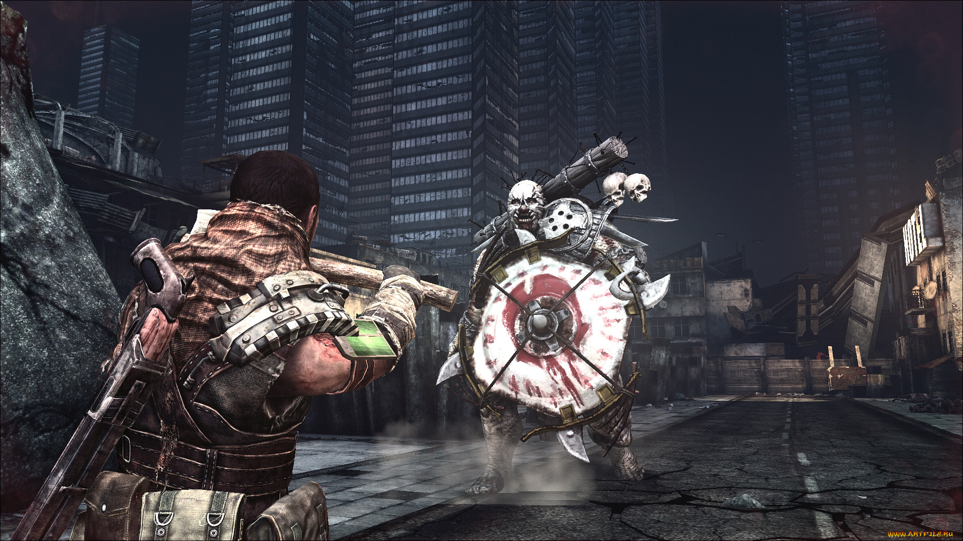 видео, игры, afterfall, , insanity, человек, оружие, монстр, щит, город