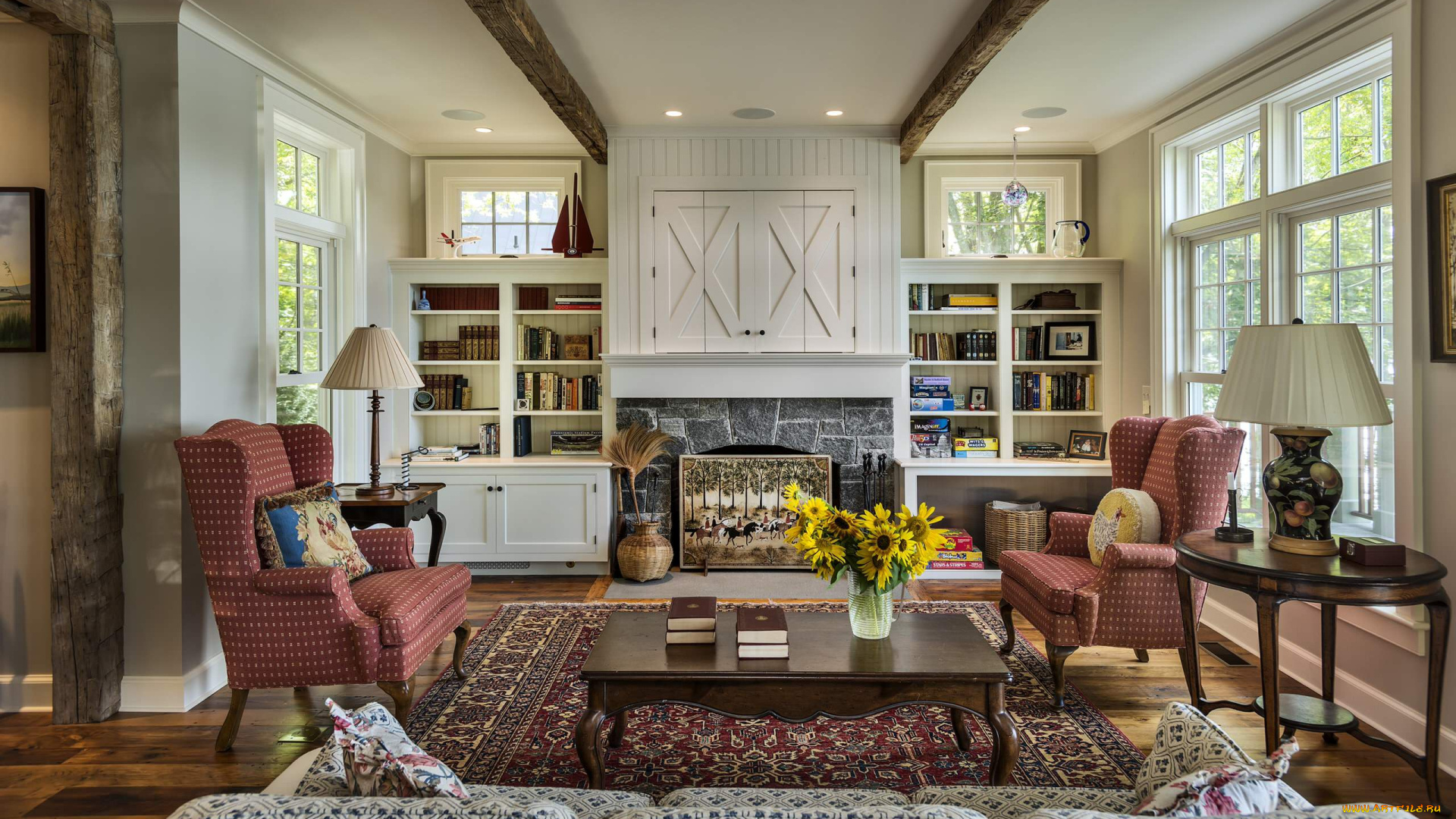 интерьер, гостиная, мягкий, уголок, лампы