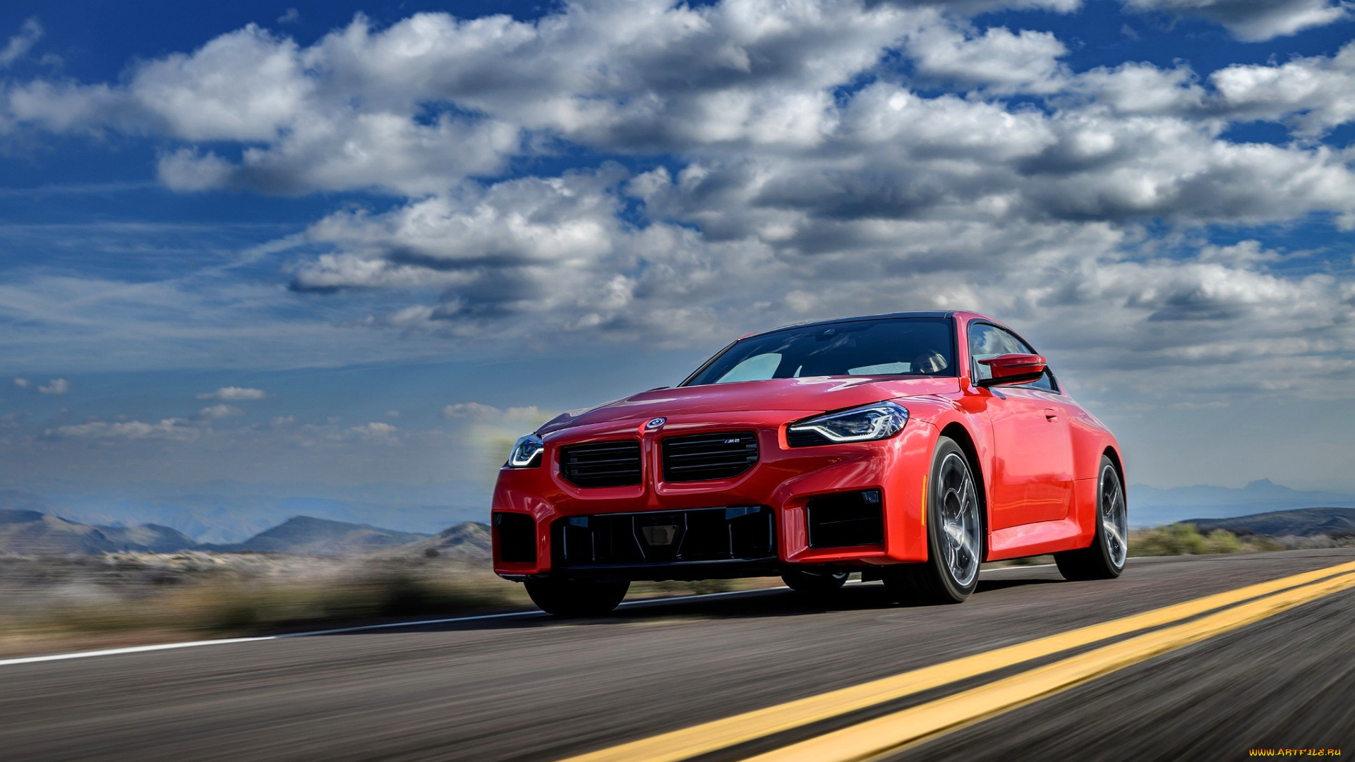 bmw, m2, автомобили, bmw, красный, дорога, скорость, шоссе, облака