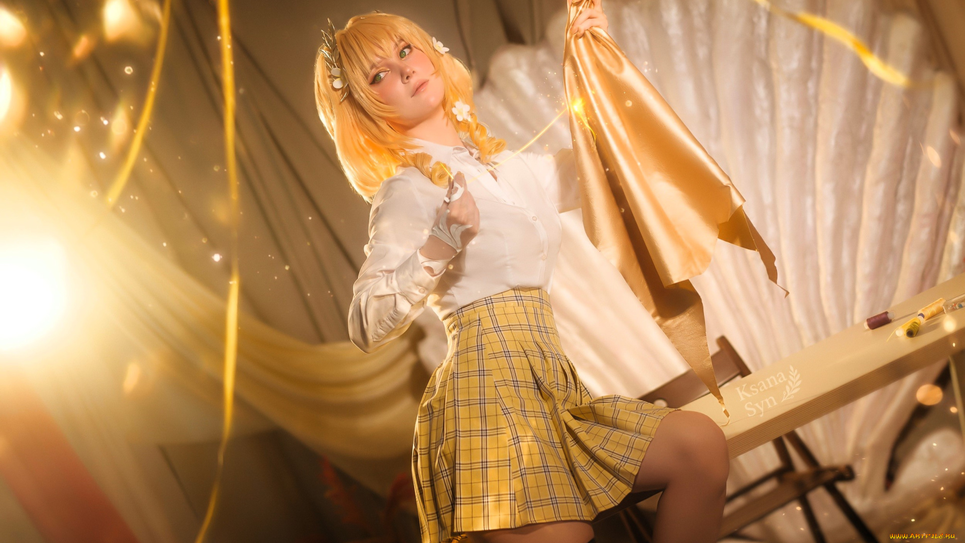 девушки, ксана, станкевич, образ, косплей, блузка, юбка, ткань, стол