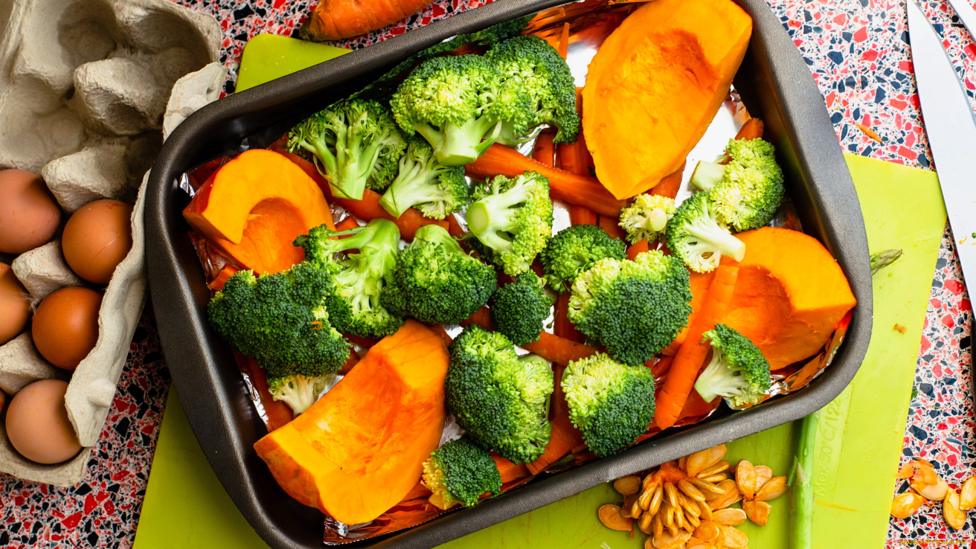 еда, овощи, тыква, брокколи, морковь, семечки, тыквенные