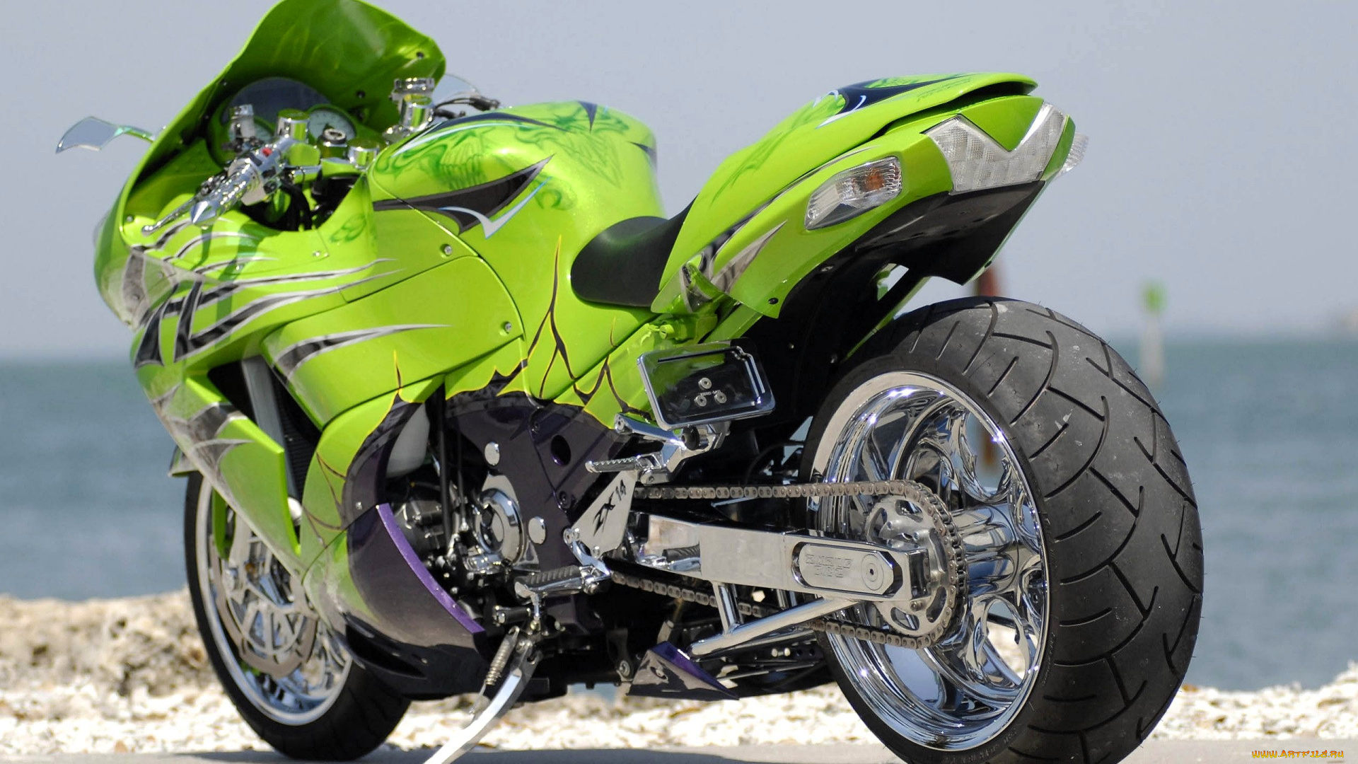 kawasaki, ninja, zx-14, мотоциклы, kawasaki, байк, зеленый, площадка, море