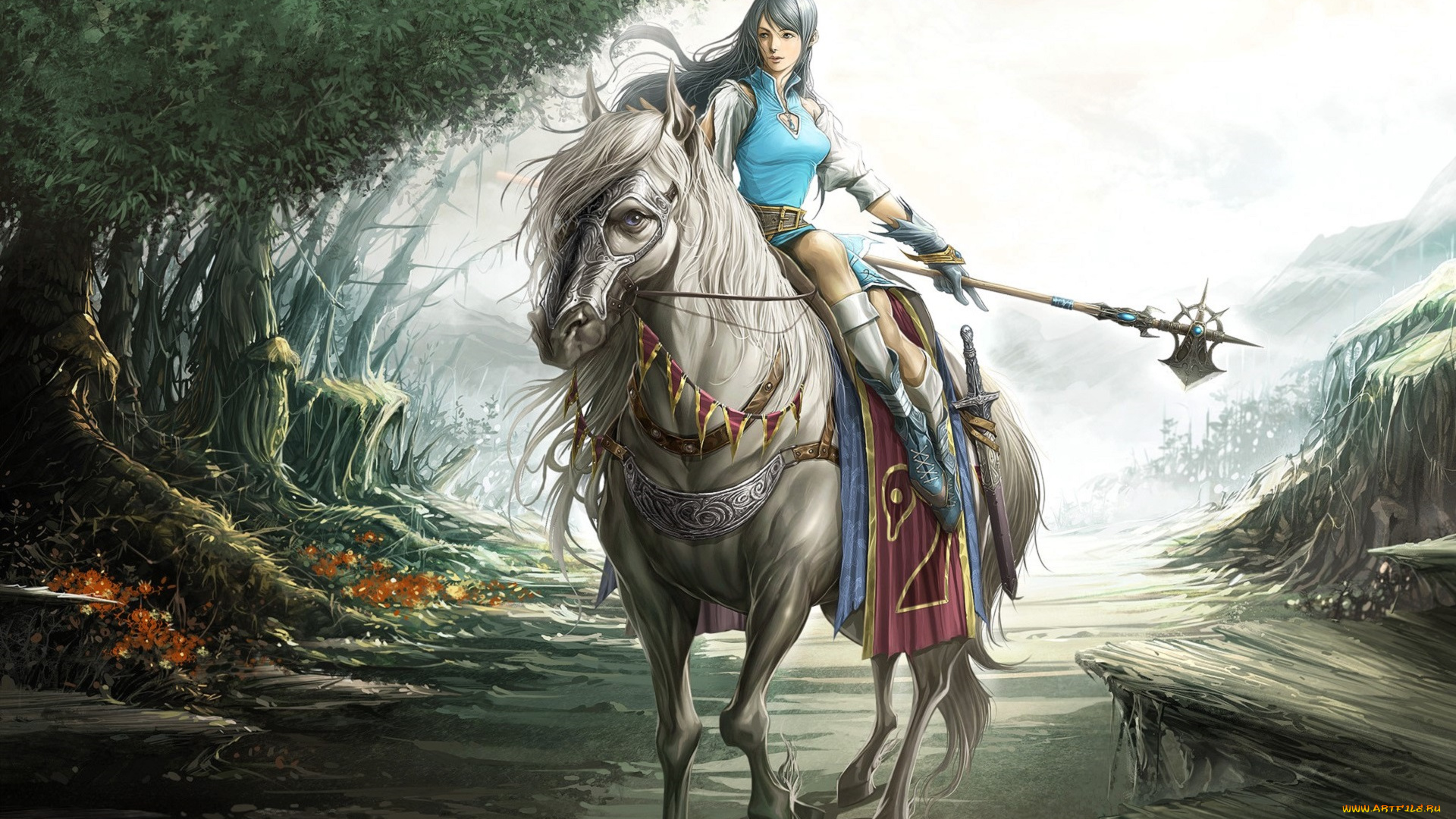 видео, игры, lineage, , the, cross, rancor, -, episode, u, девушка, лошадь, всадница, оружие, дорога, деревья