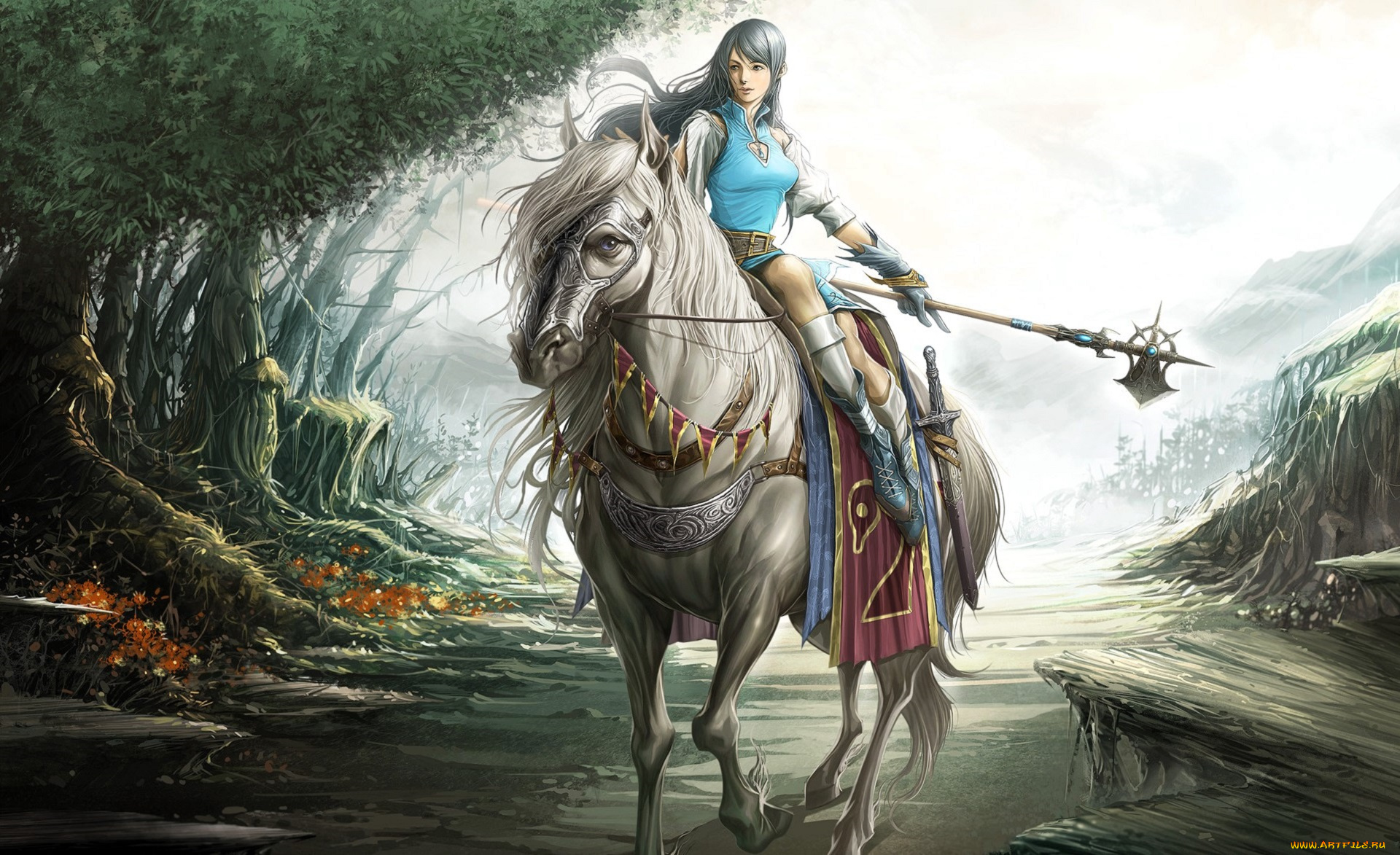 видео, игры, lineage, , the, cross, rancor, -, episode, u, девушка, лошадь, всадница, оружие, дорога, деревья