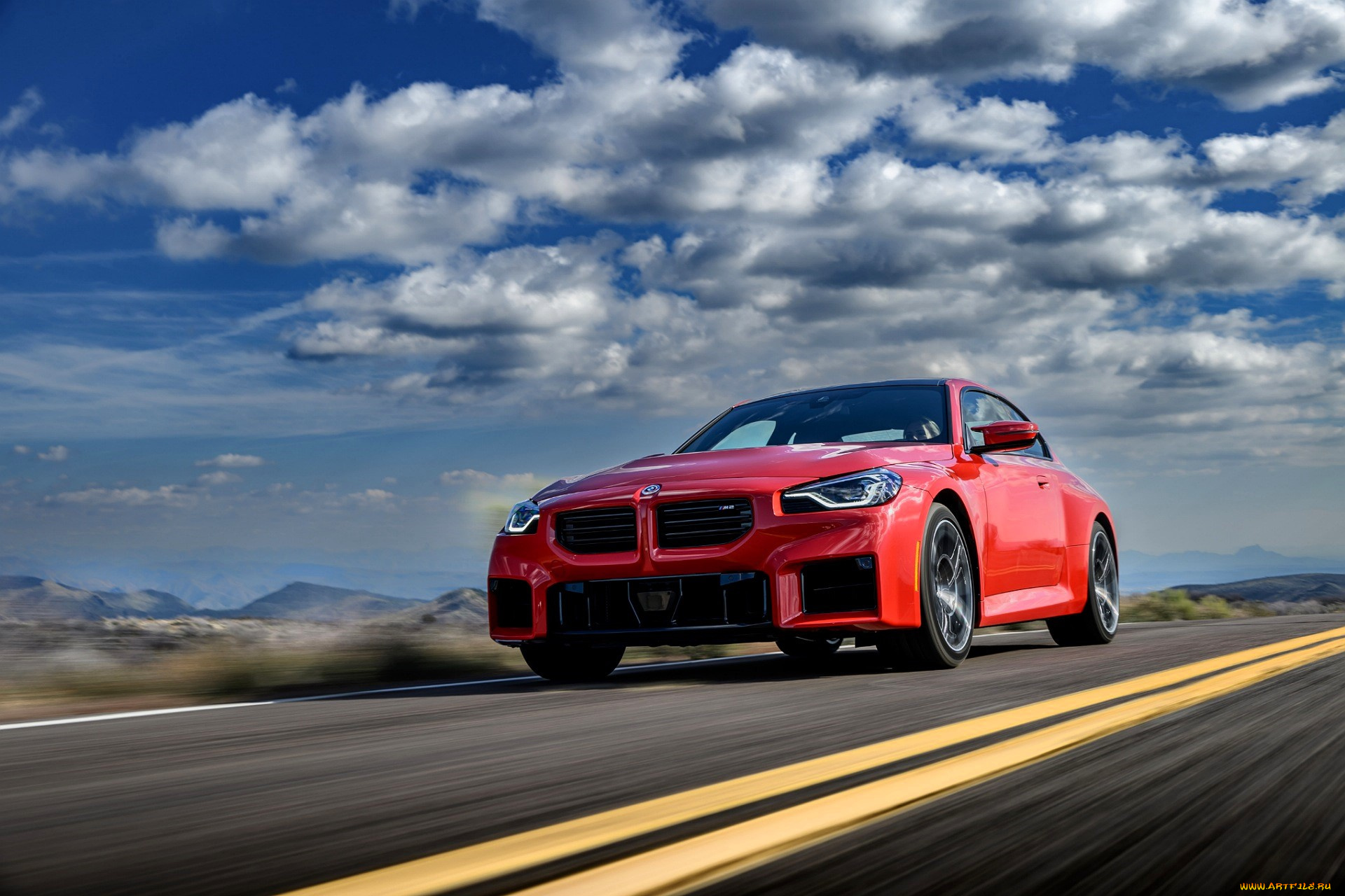 bmw, m2, автомобили, bmw, красный, дорога, скорость, шоссе, облака