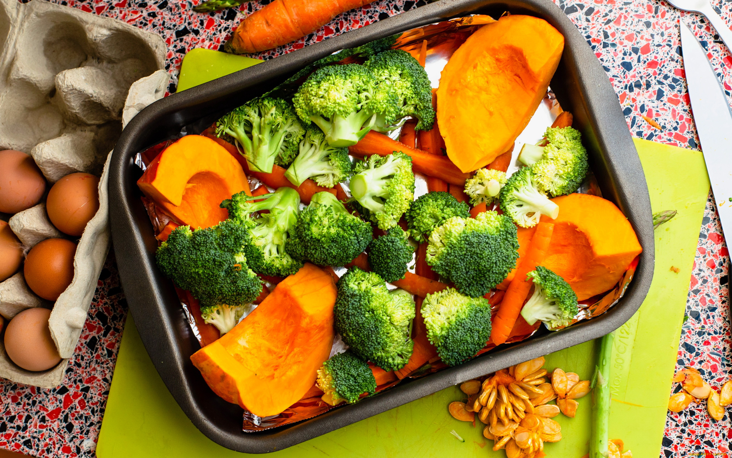 еда, овощи, тыква, брокколи, морковь, семечки, тыквенные