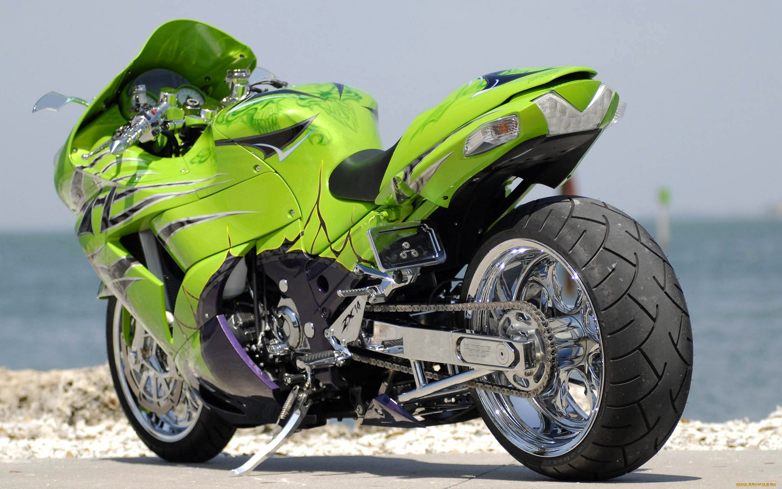 kawasaki, ninja, zx-14, мотоциклы, kawasaki, байк, зеленый, площадка, море