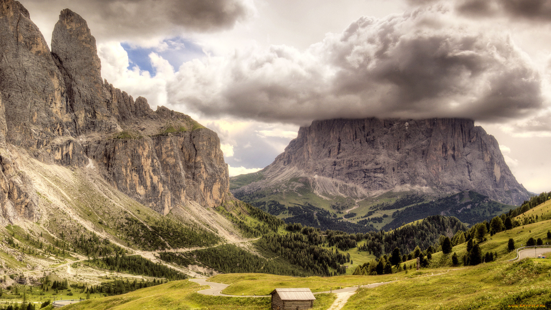 природа, горы, долина, трава, деревья, туча