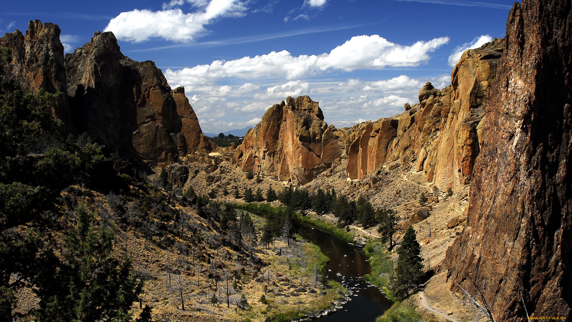 природа, горы, ущелье, каньон, река, деревья