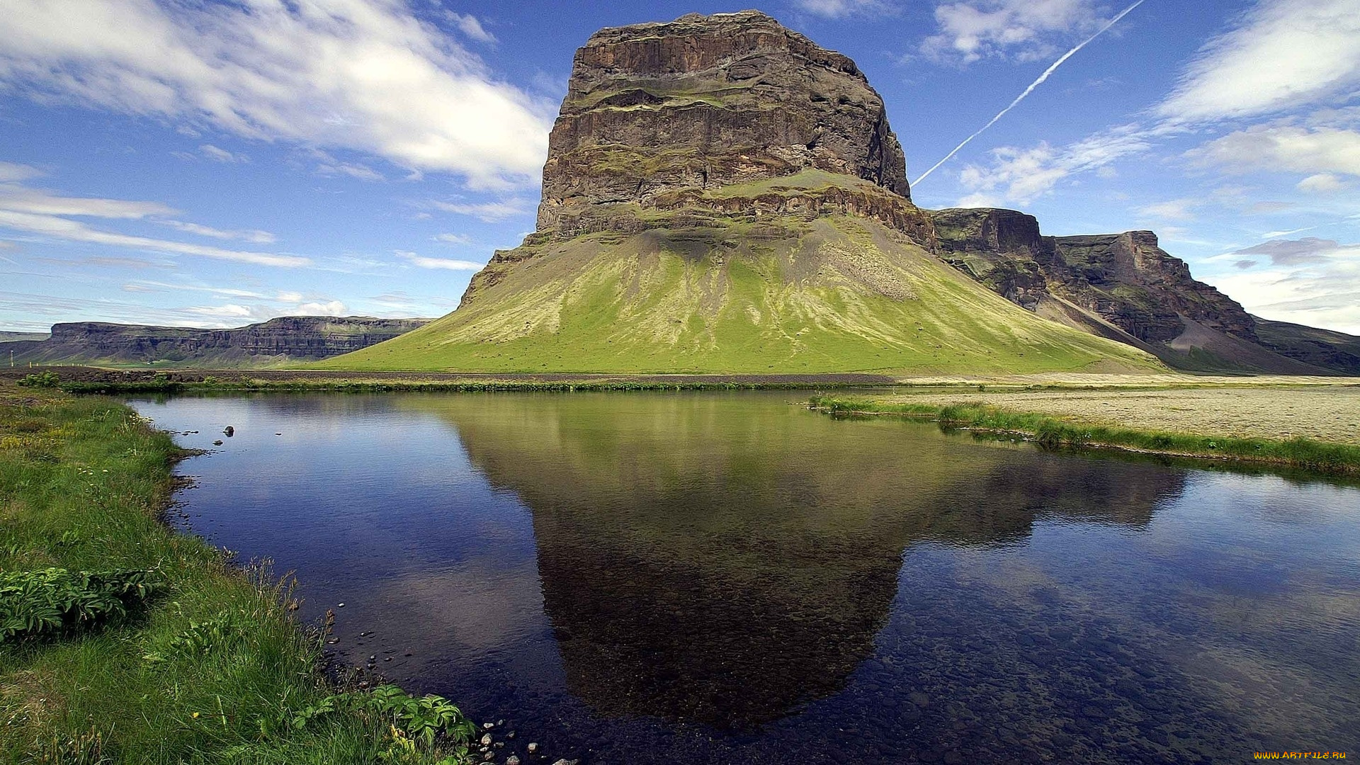 природа, реки, озера, вид, трава, гора, река