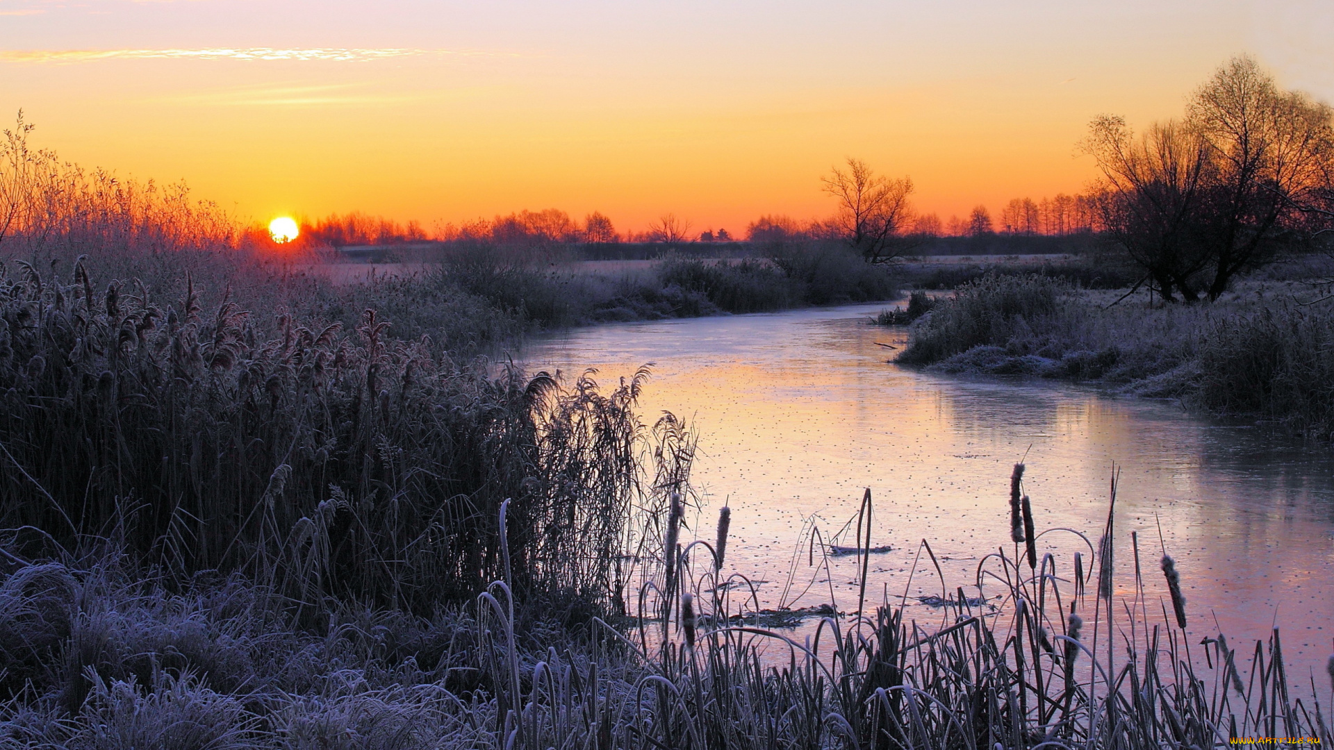 природа, реки, озера, закат, река, иней