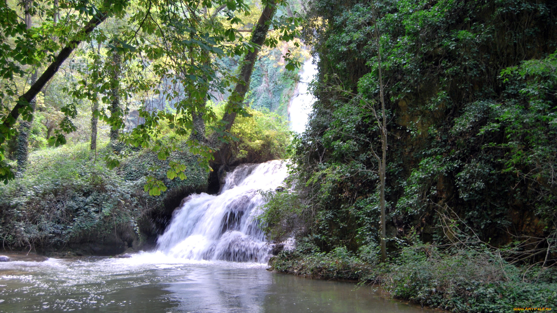 природа, водопады, водопад, обрыв, деревья, река