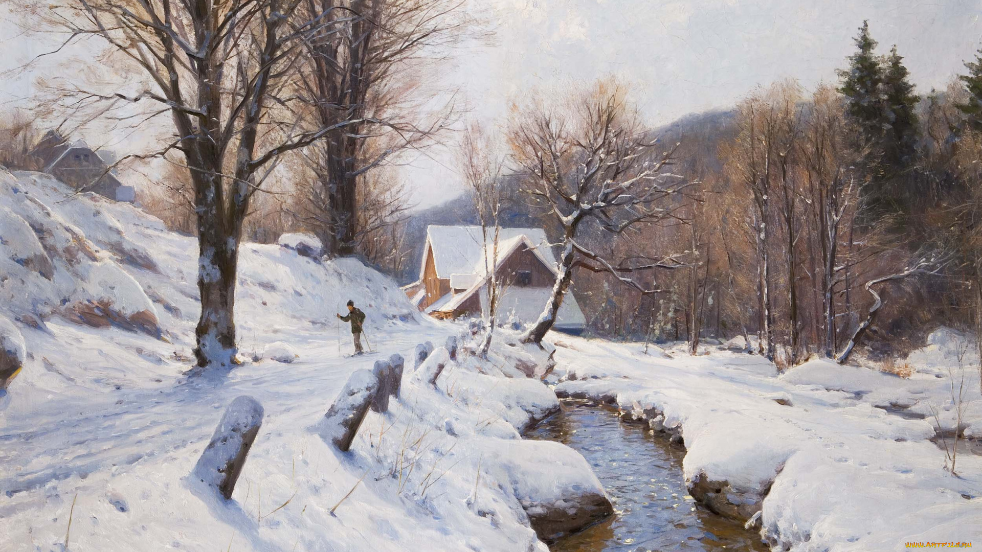 рисованные, walter, moras, дом, снег, река, лыжник, деревья