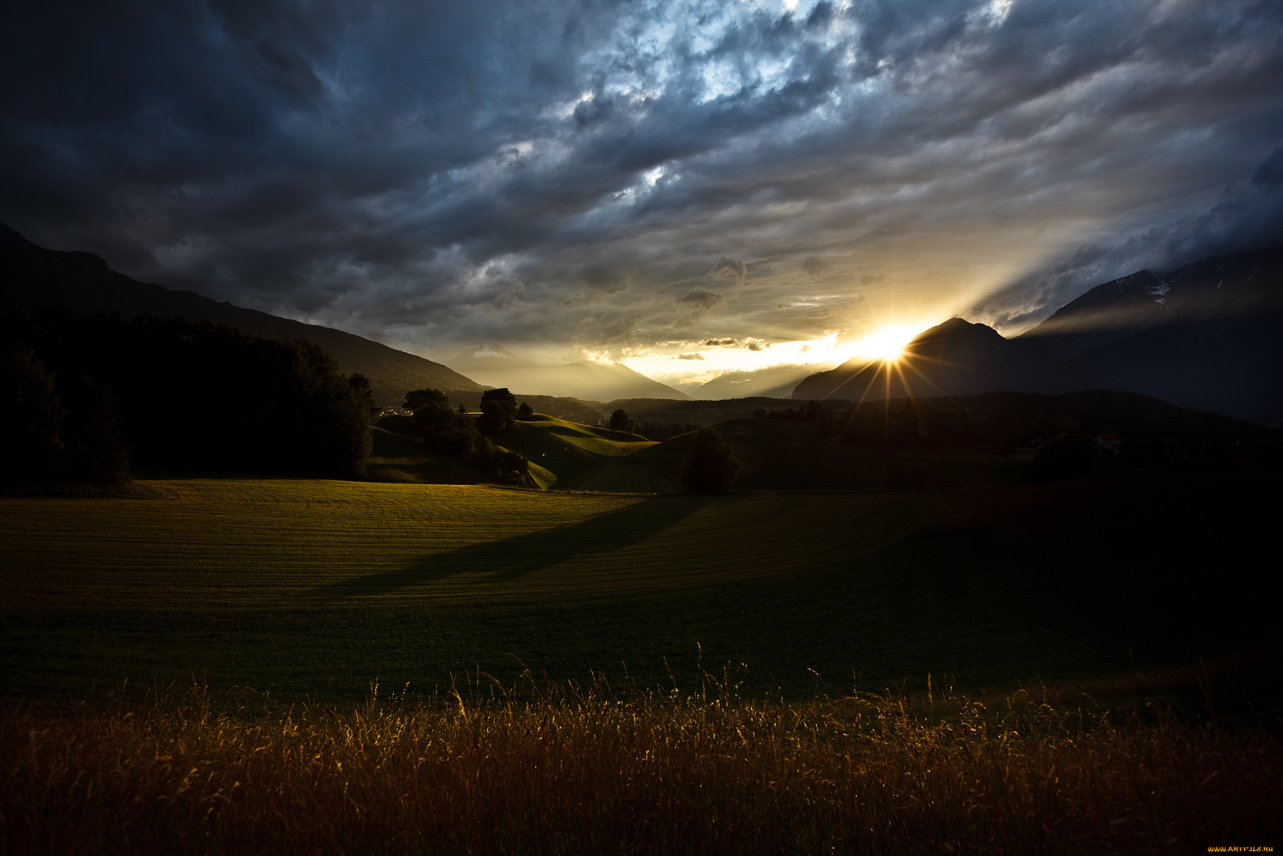 природа, поля, поле, трава, холмы, вечер, закат