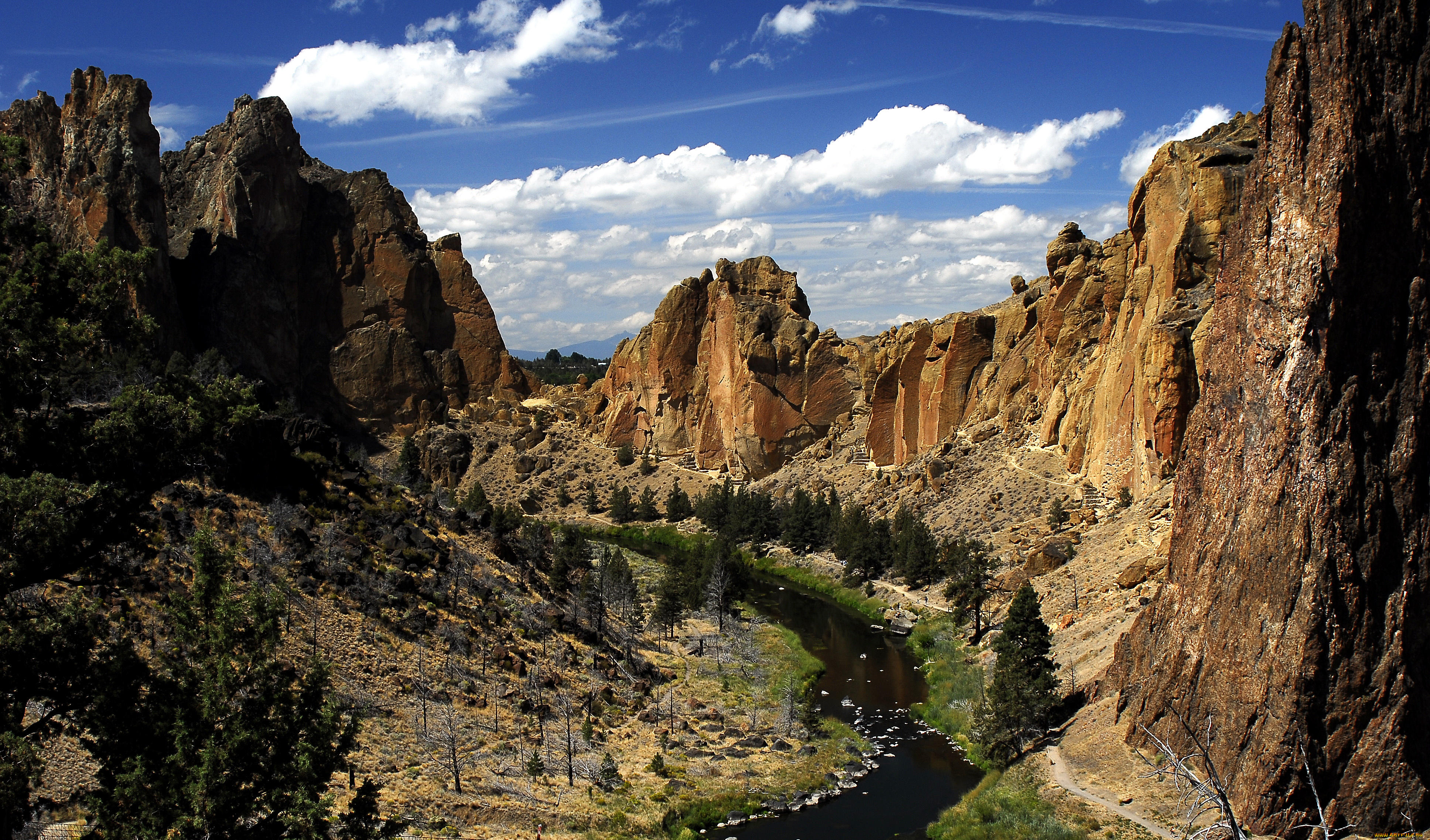 природа, горы, ущелье, каньон, река, деревья