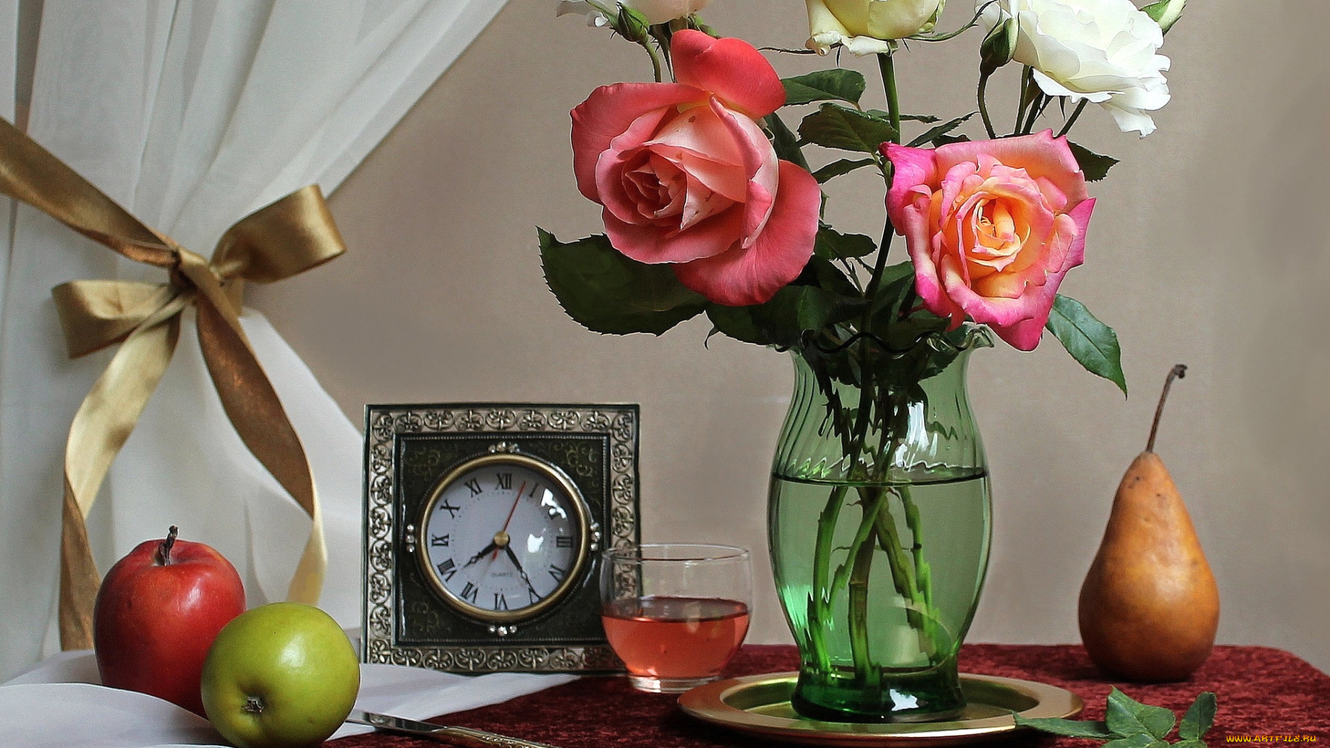еда, натюрморт, розы, букет, часы, груши, яблоко