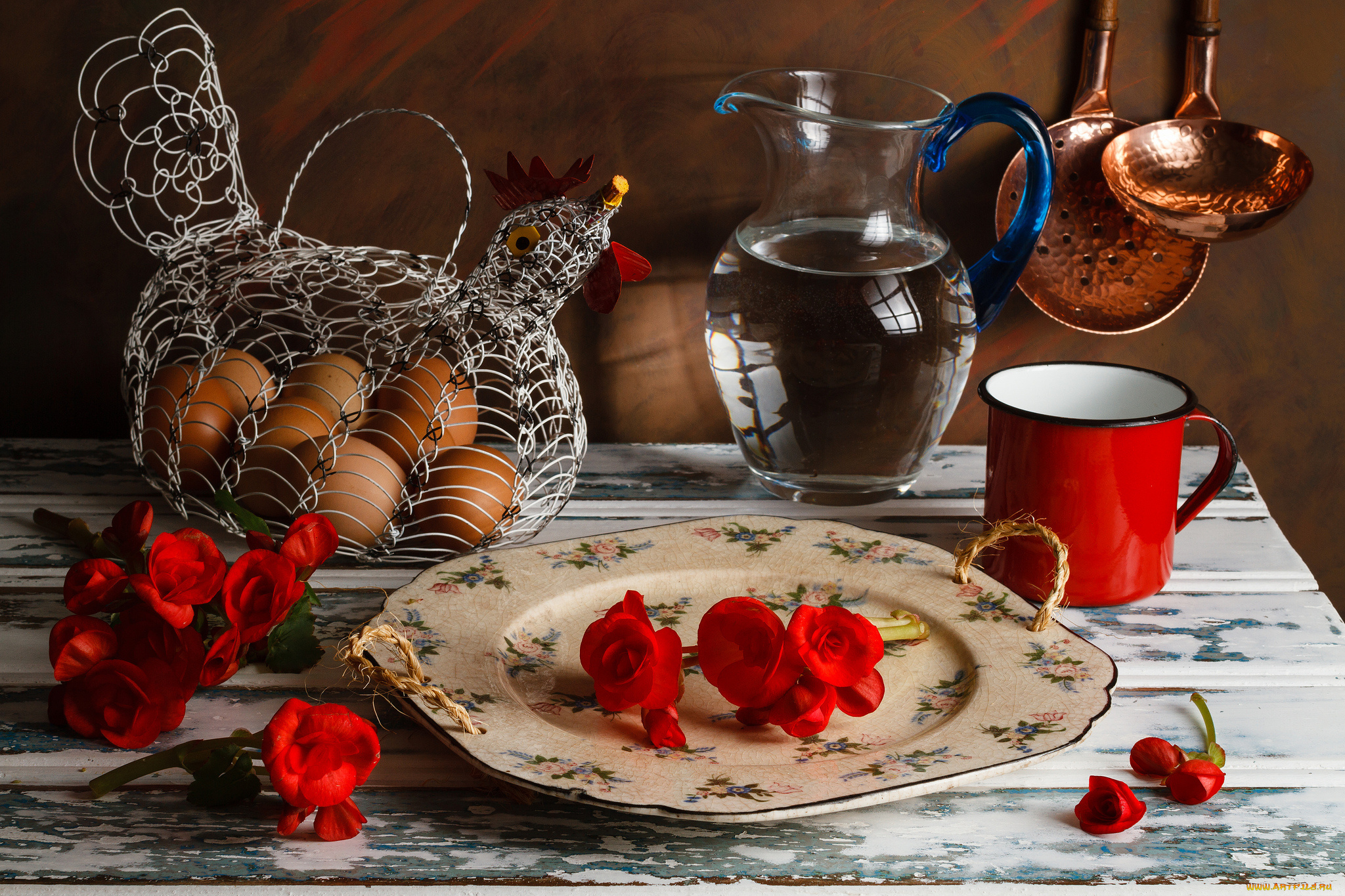 еда, натюрморт, яйца, курица, вода, кувшин, бегония