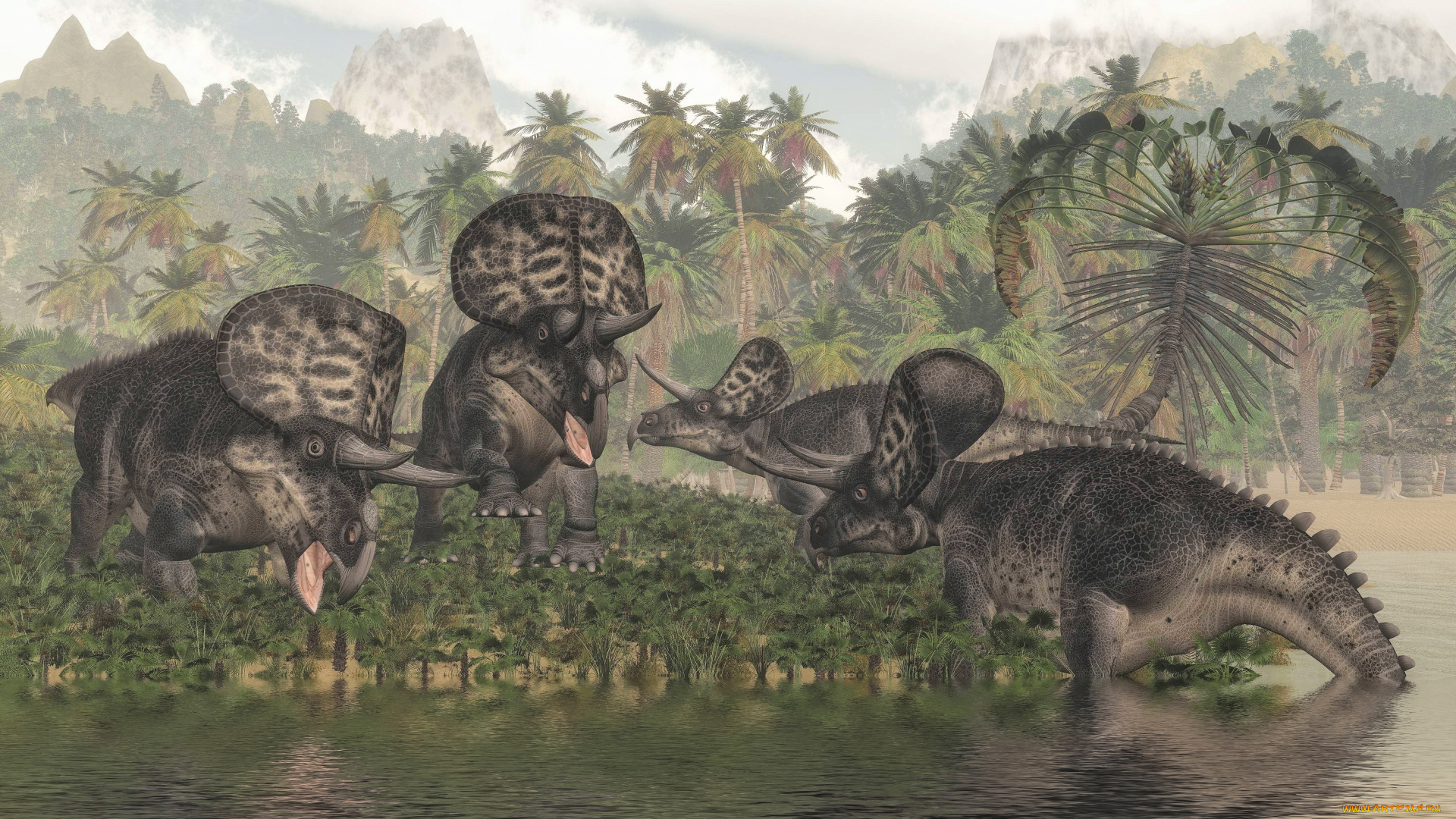 3д, графика, животные, , animals, динозавры, река, природа