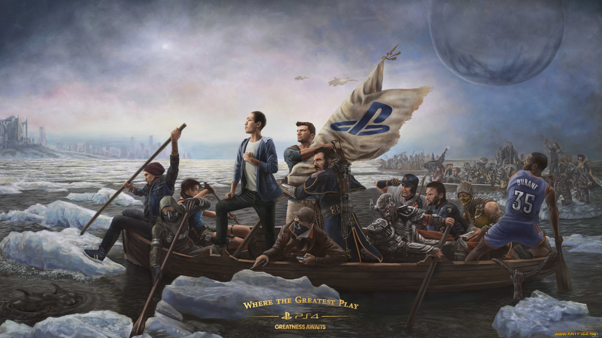 фэнтези, люди, переправа, лодки