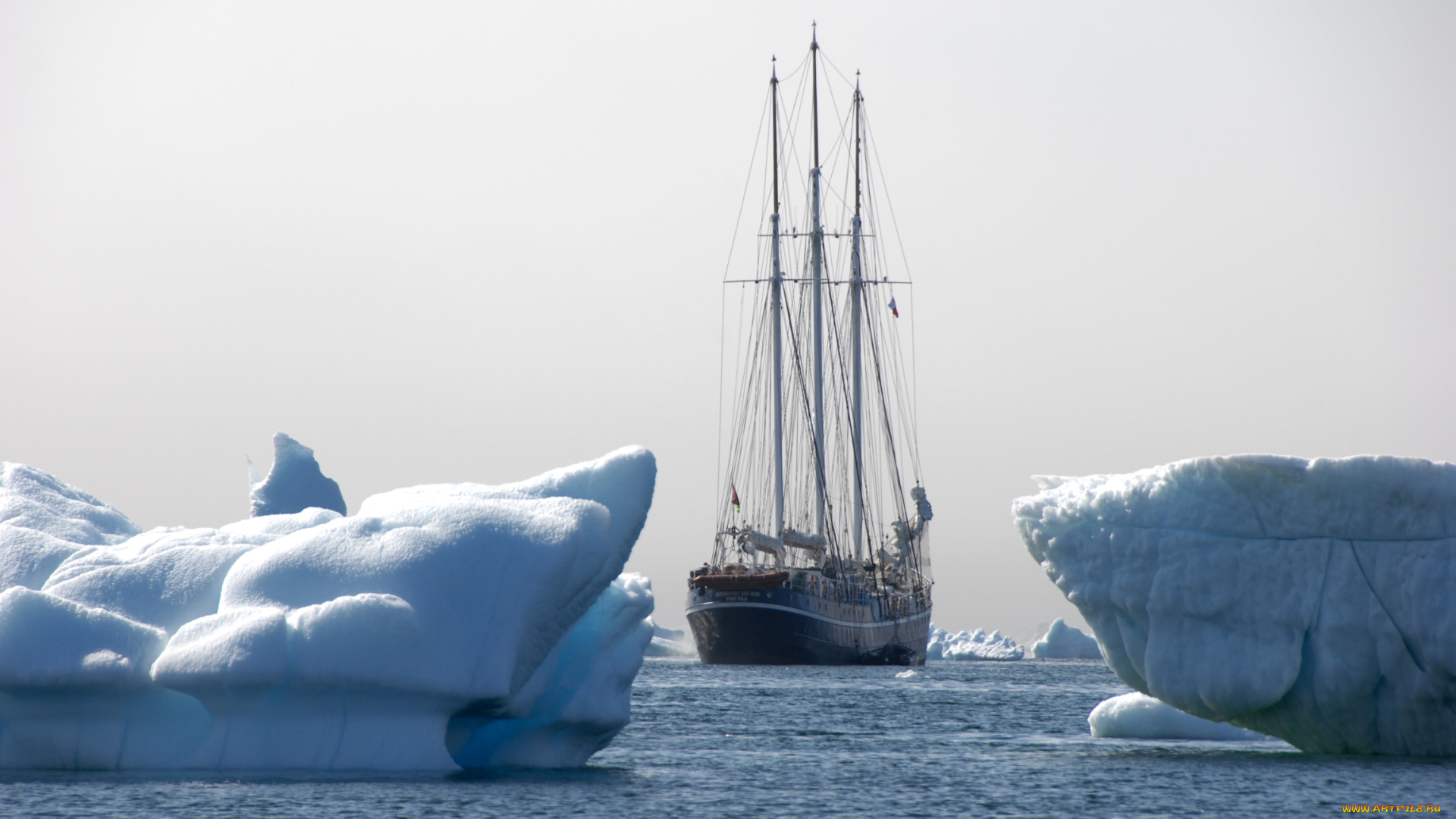 корабли, парусники, льды, мачты