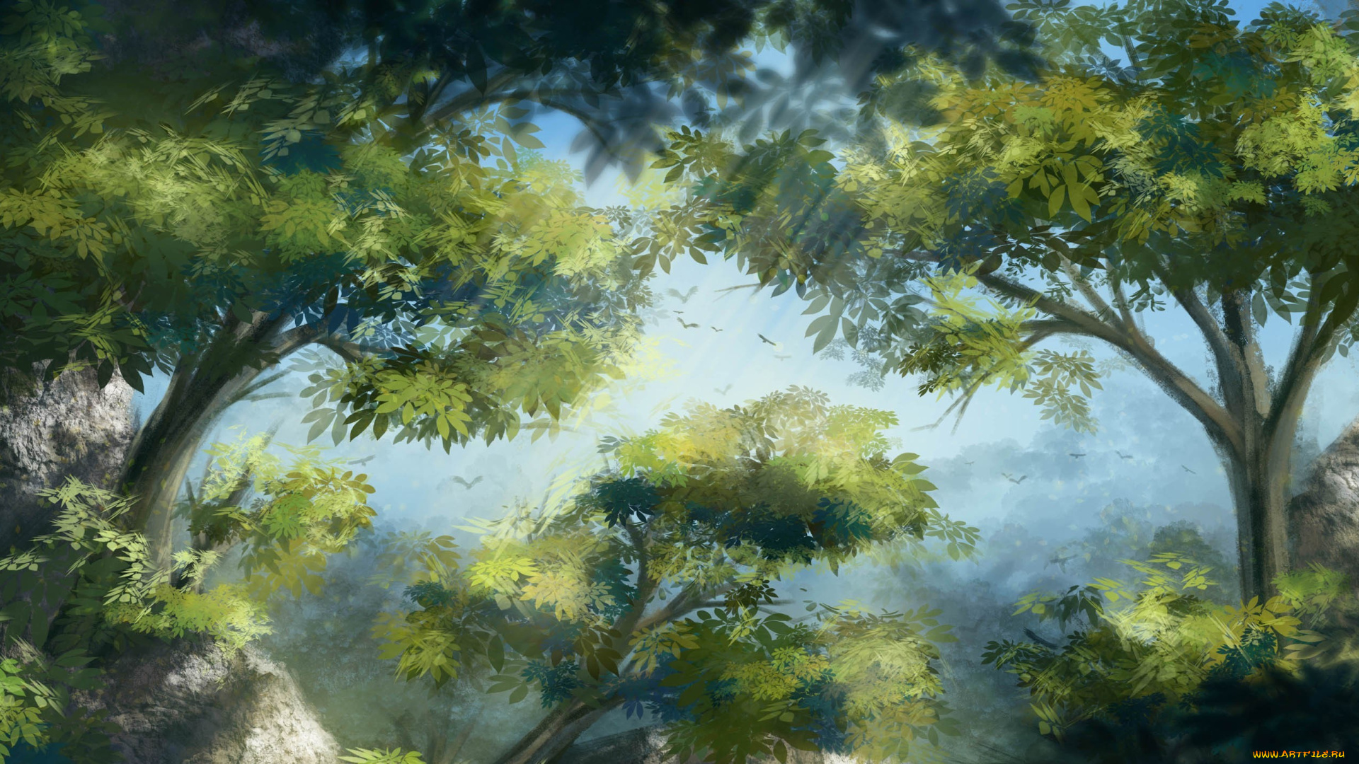 рисованные, природа, крона, деревья, арт, птицы, листва, листья