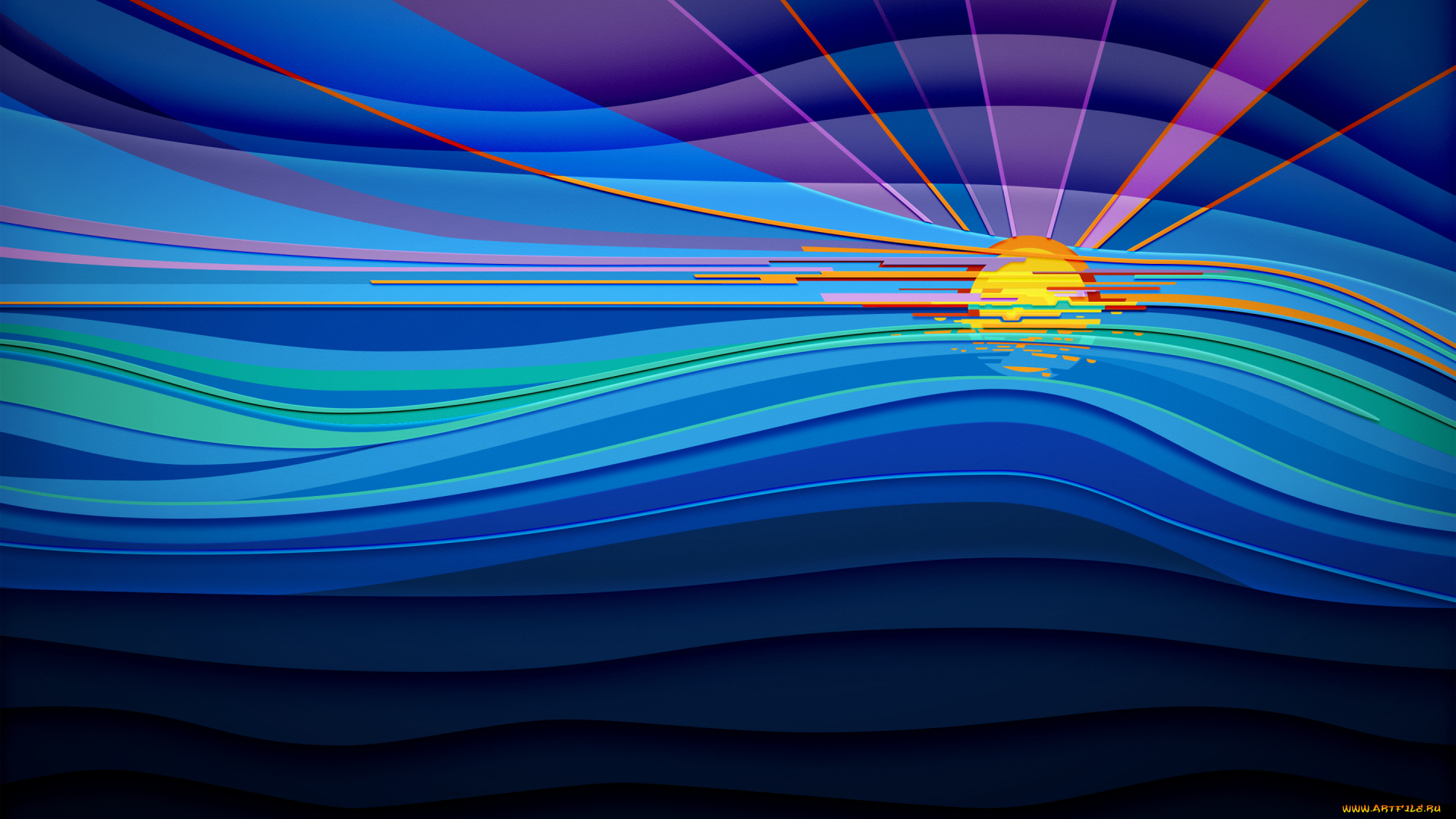 векторная, графика, природа, лучи, море, солнце, линии, небо