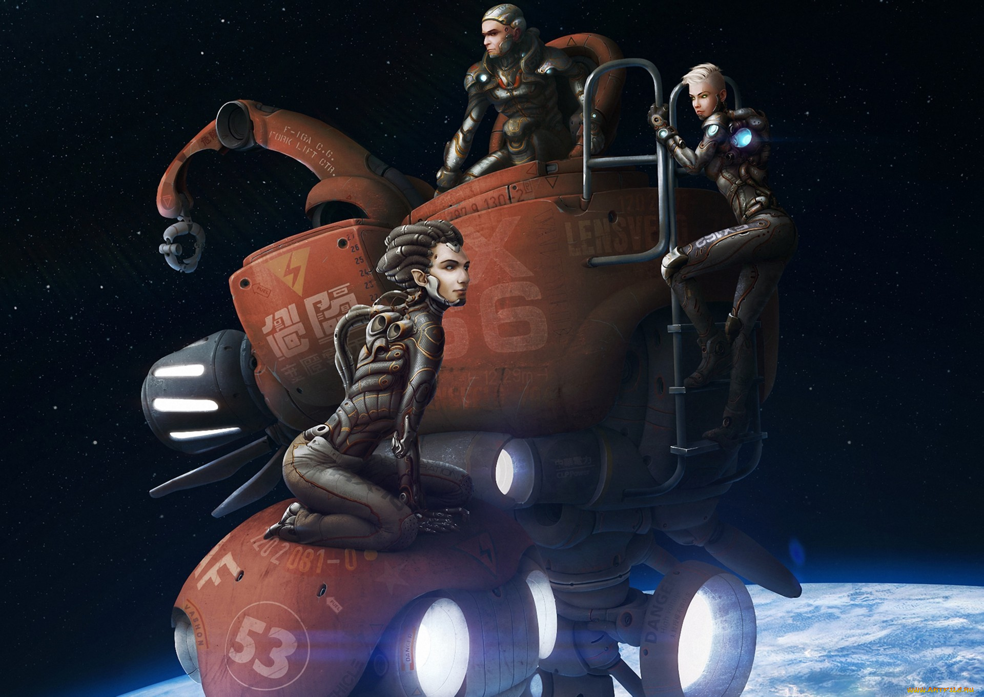 фэнтези, роботы, , киборги, , механизмы, лестница, планета, орбита, космос, робот, спутник, арт, парень, девушки