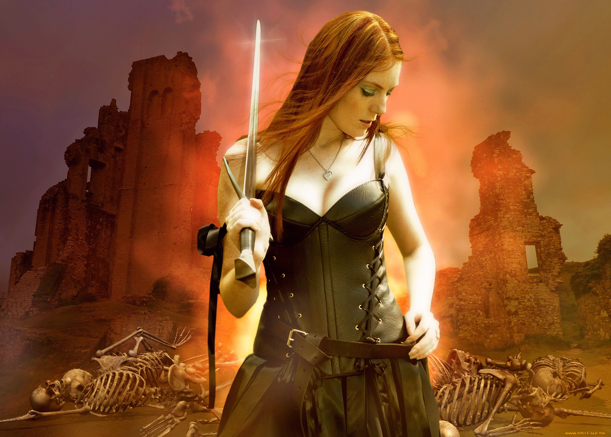 фэнтези, фотоарт, скелеты, меч