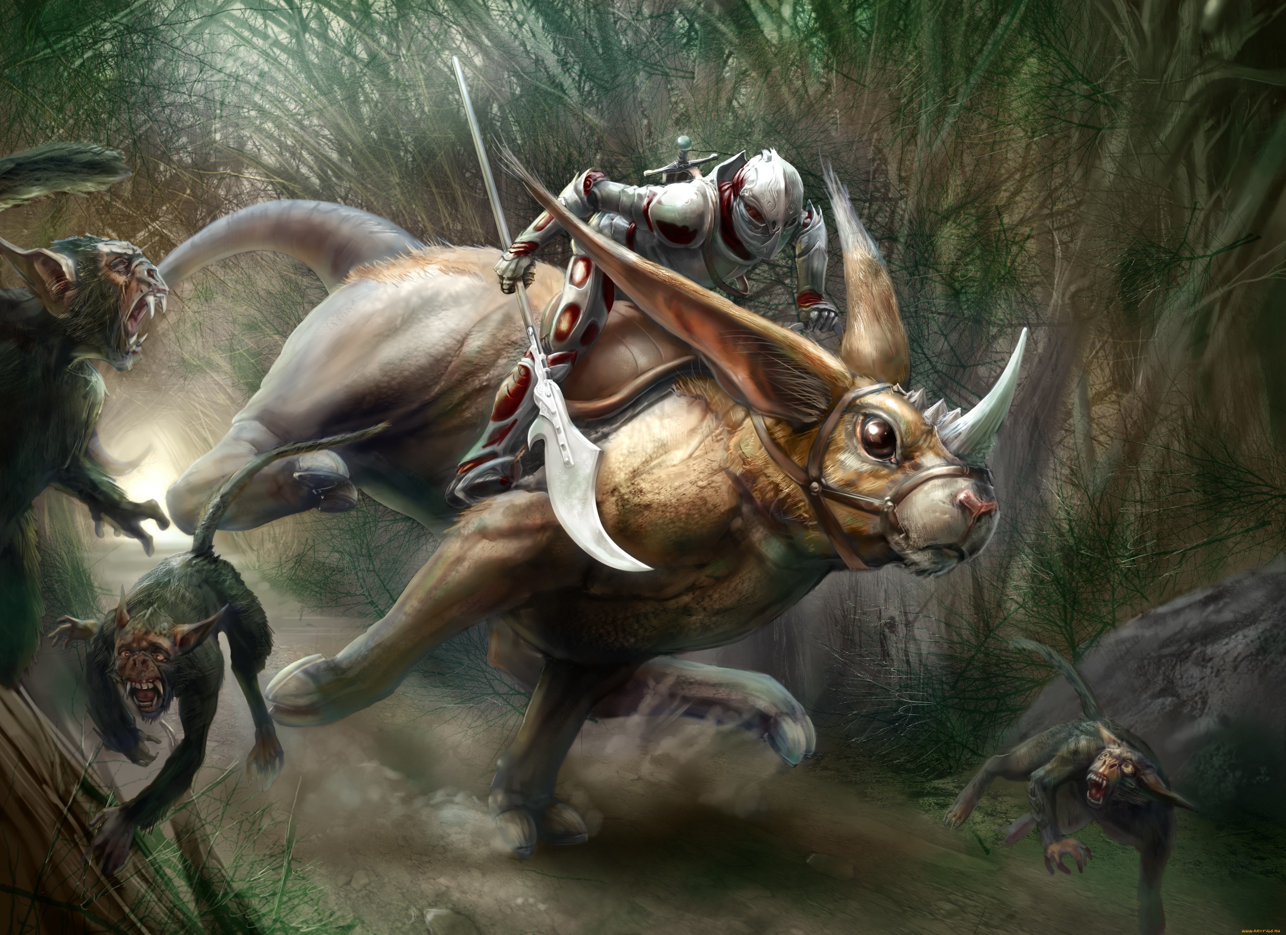 фэнтези, существа, движение, всадник, рог, меч, алебарда, уши, арт