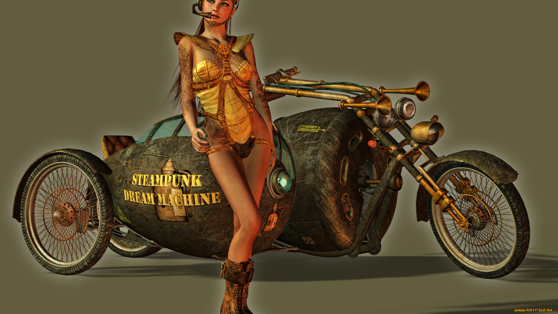 3д, графика, фантазия, , fantasy, фон, взгляд, девушка, мотоцикл
