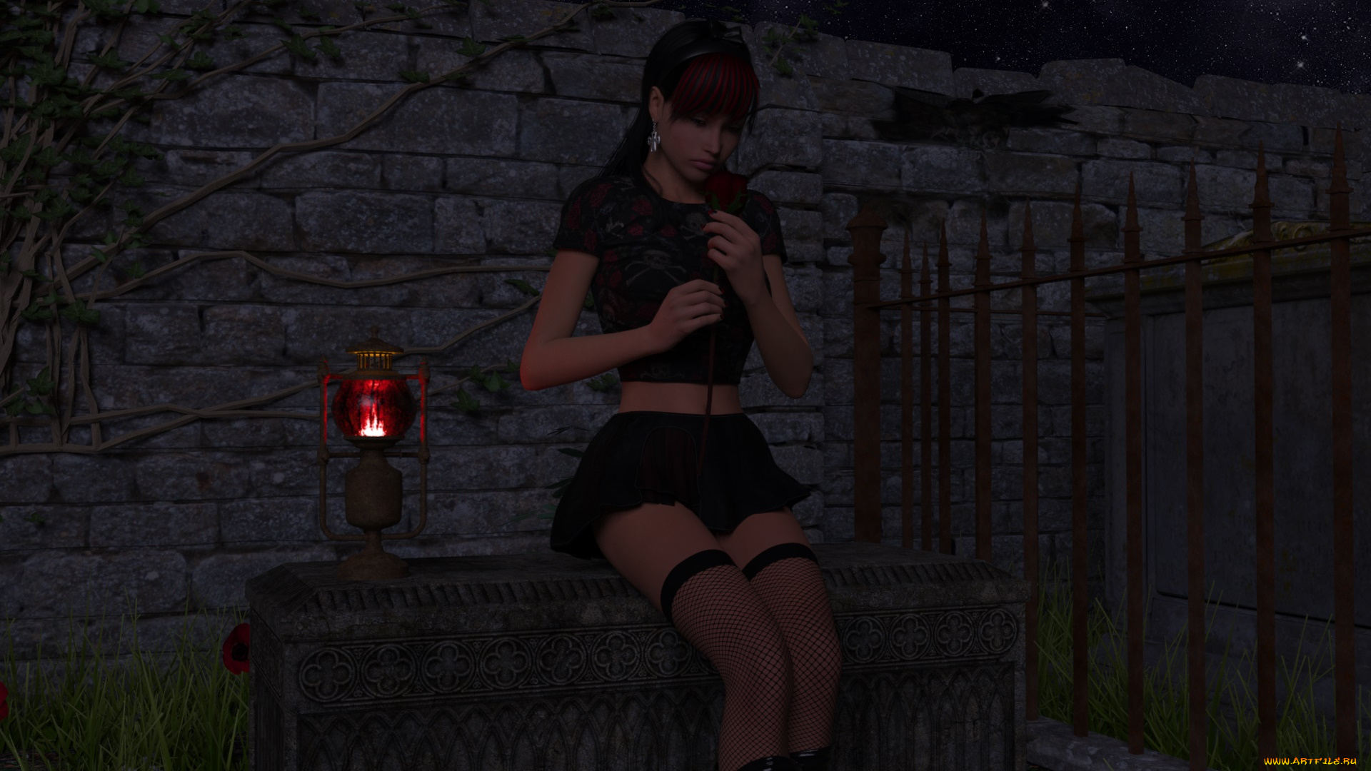 3д, графика, люди, , people, девушка, фонарь, фон, взгляд