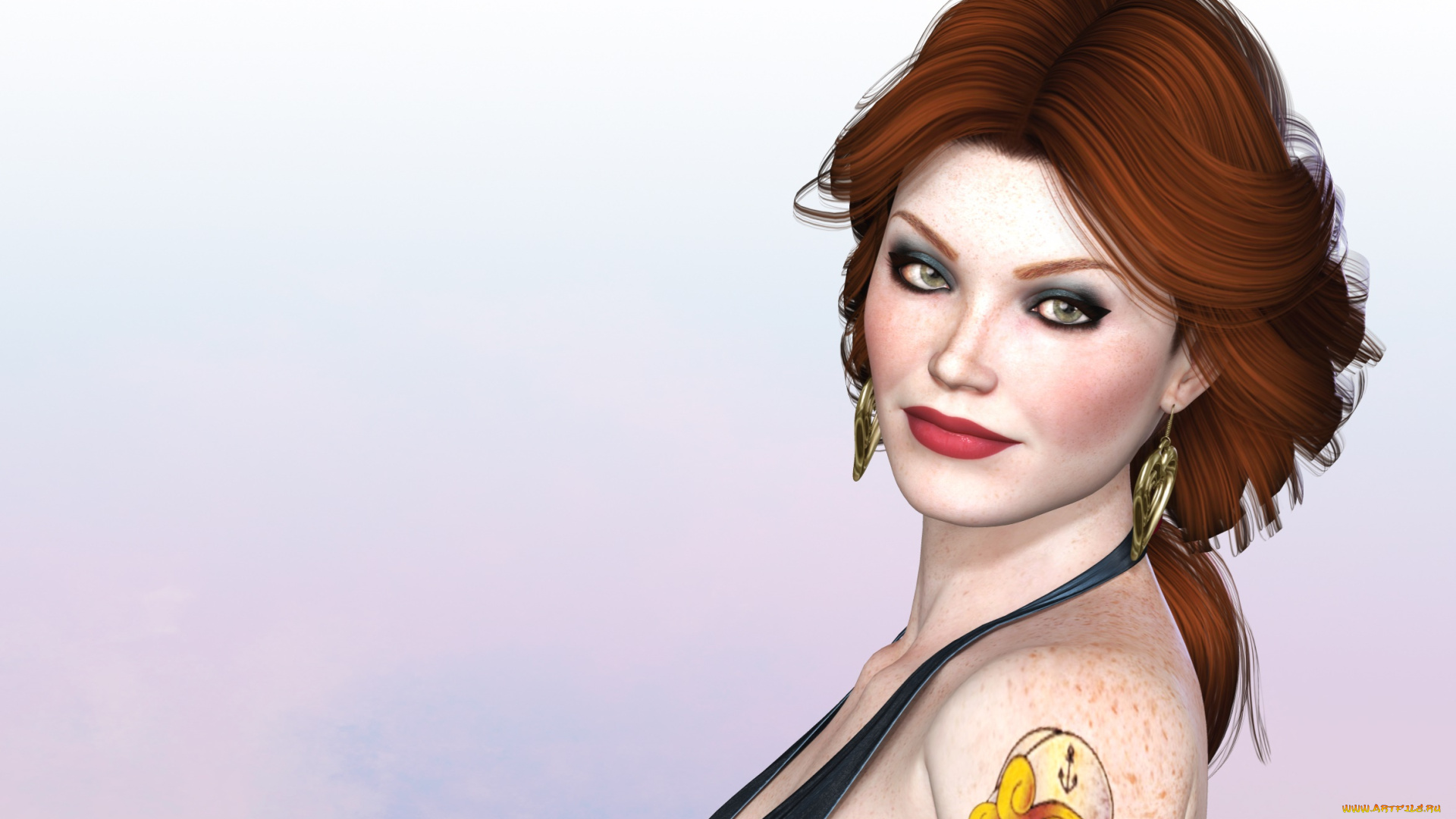 3д, графика, портрет, , portraits, тату, девушка, взгляд, фон, рыжая