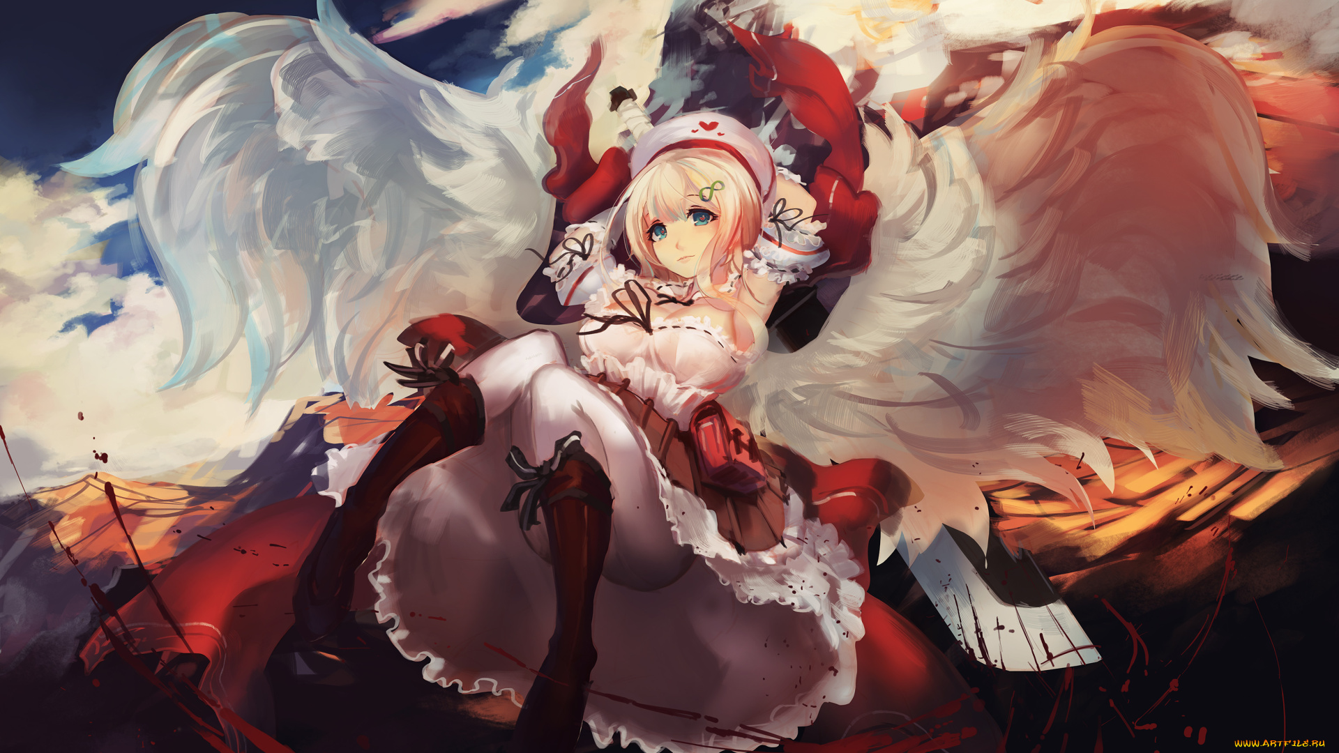 аниме, ангелы, , демоны, облака, берет, крылья, девушка, doomfest, senran, kagura, yomi, небо, платье, ангел, кровь, ленты