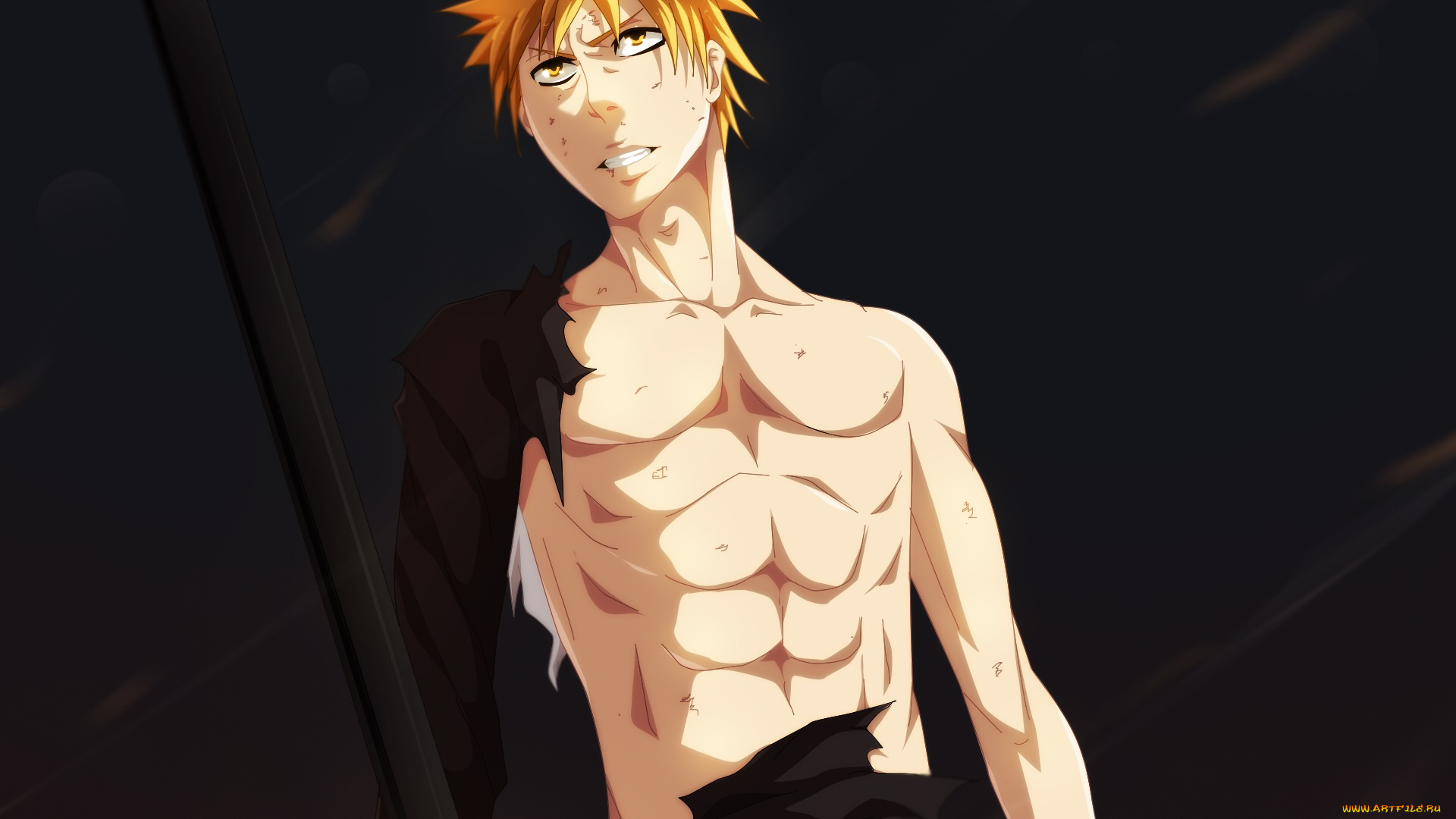 аниме, bleach, чёрный, фон, арт, блич, kurosaki, ichigo
