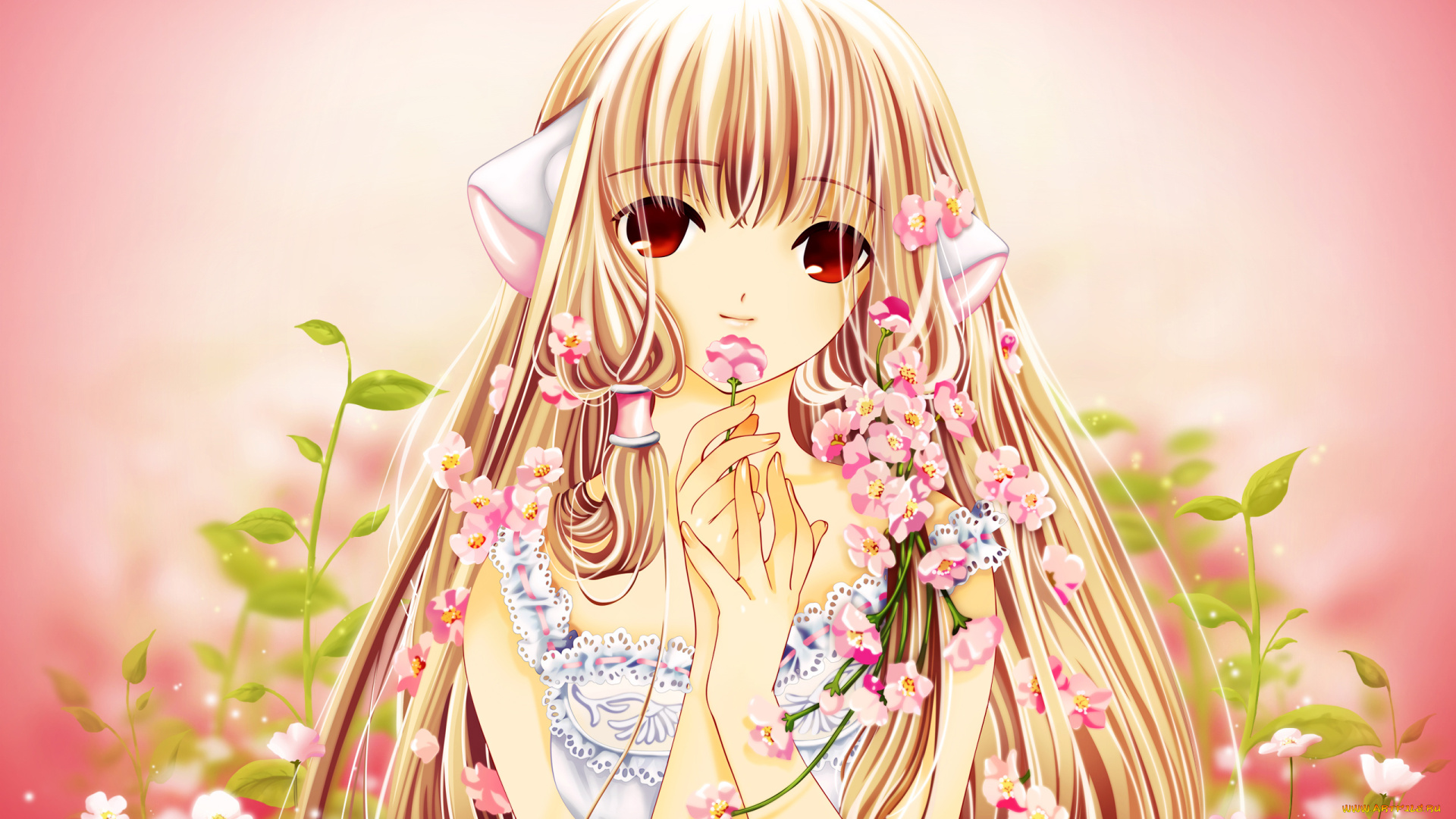 аниме, chobits, chii, девушка, платье, yamionpu, растения, ушки, цветы, лепестки