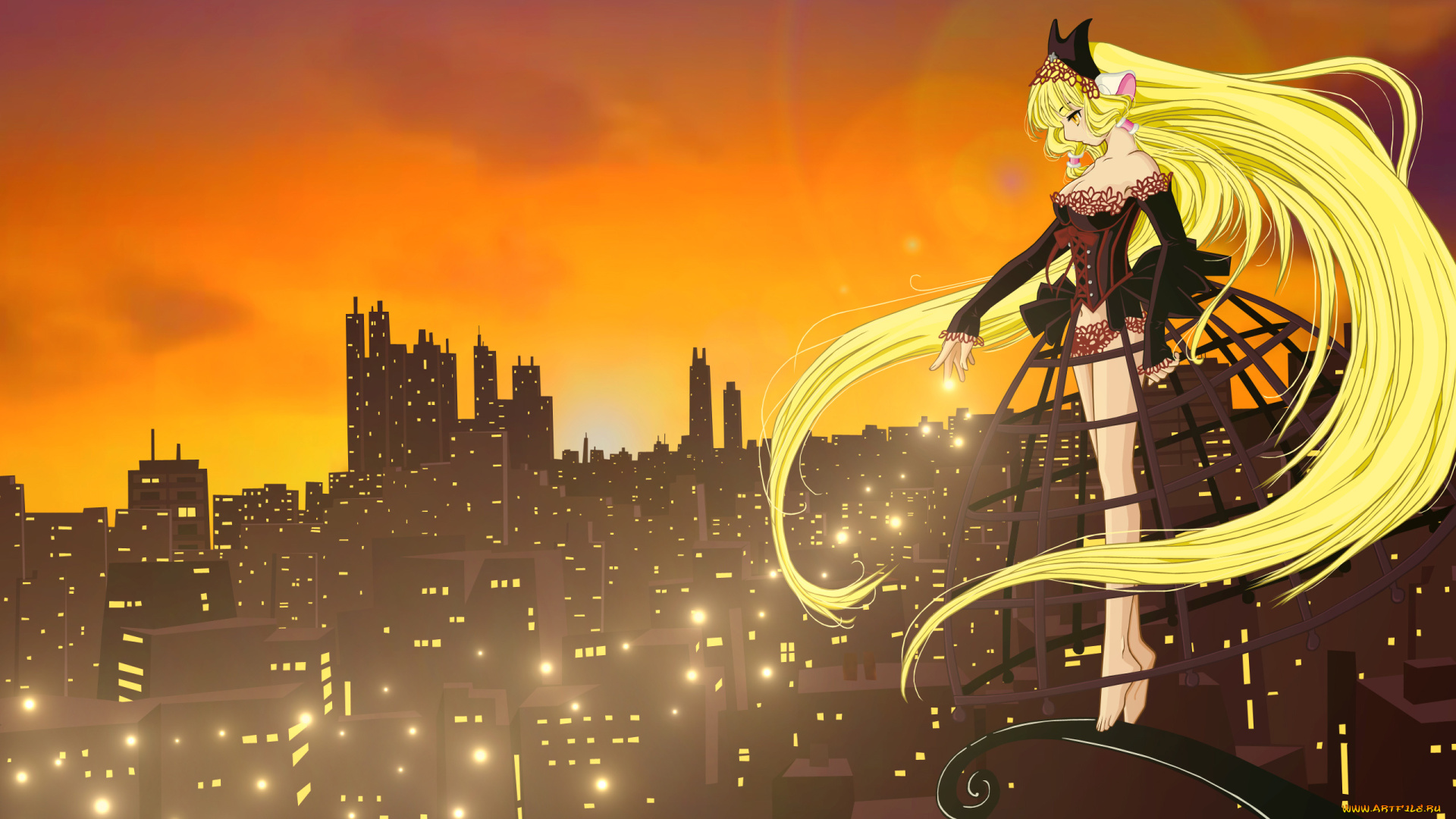 аниме, chobits, cilou, город, солнце, свет, огни, небо, облака, freya, платье, девушка