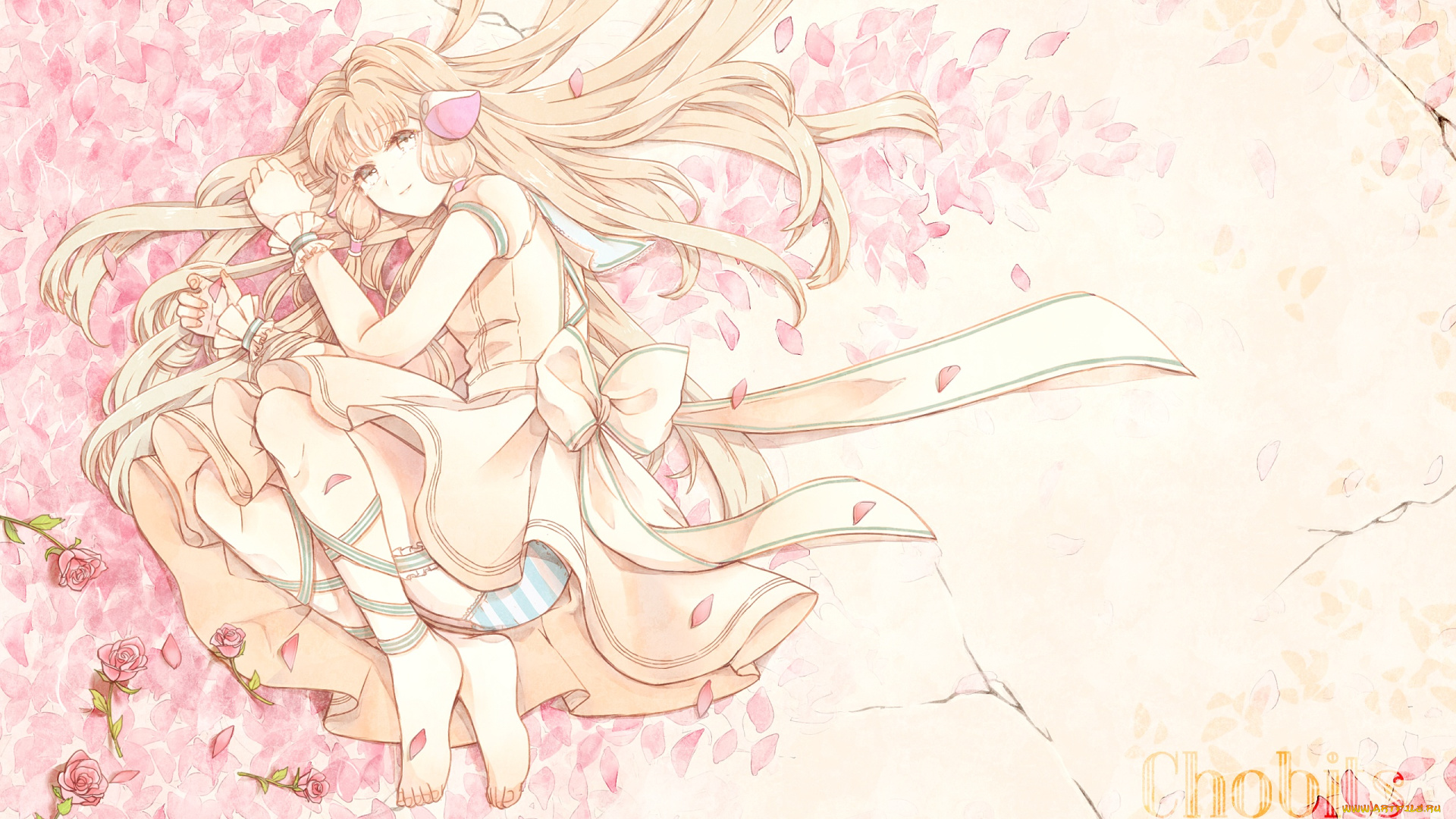 аниме, chobits, девушка, scbaby, chii, 58, цветы, ленты, розы, лепестки, ушки, платье