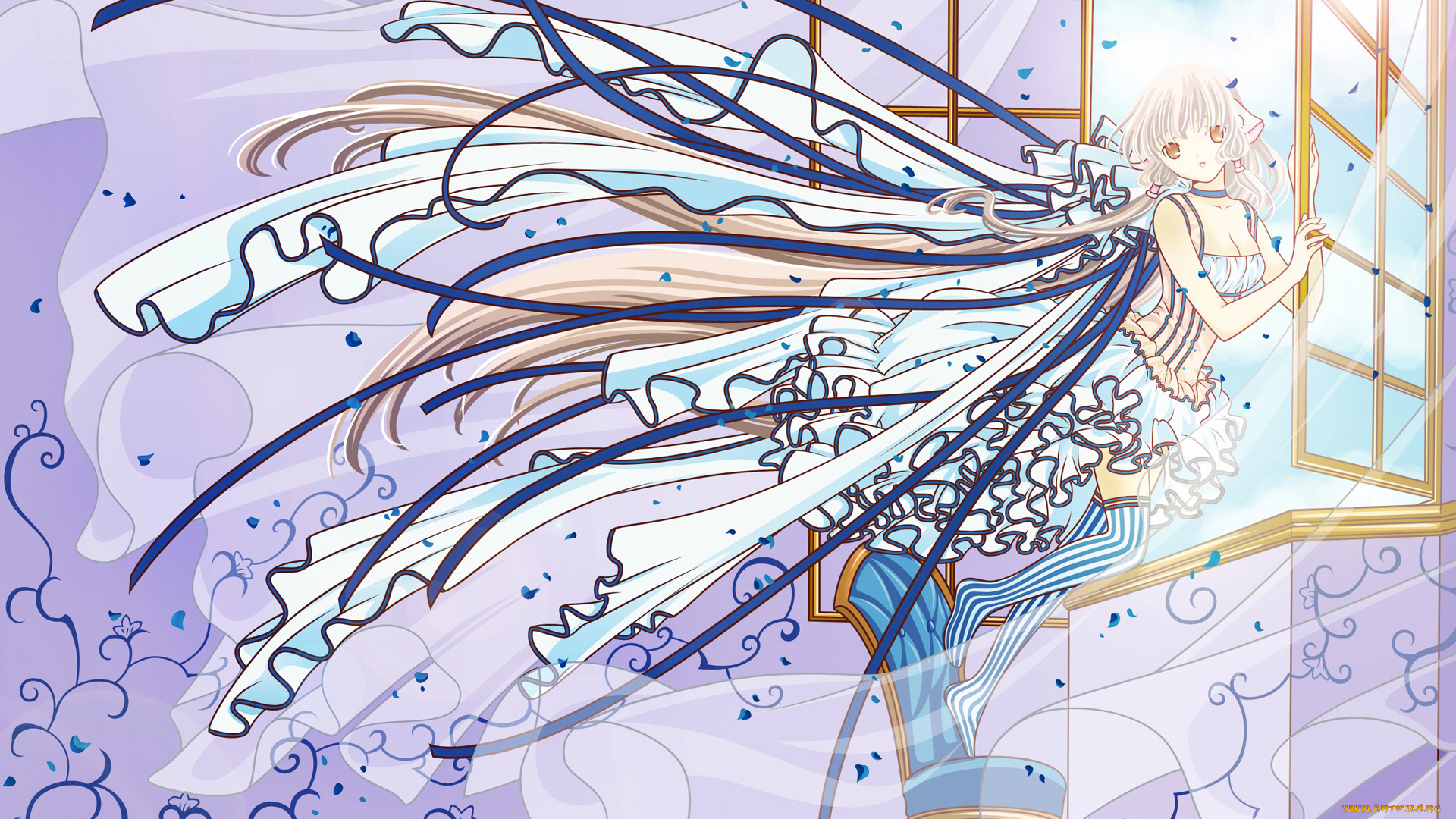 аниме, chobits, ленты, окно, ушки, платье, кресло, стул, облака, девушка, chii, небо