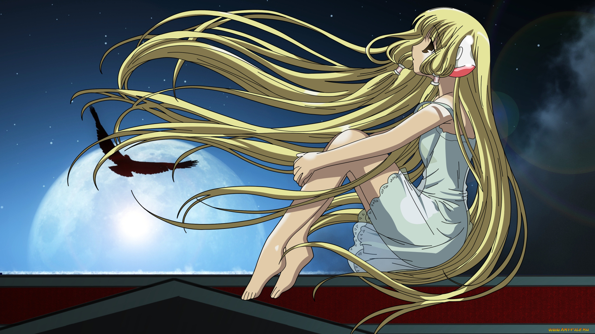 аниме, chobits, луна, ночь, платье, крыша, небо, ушки, девушка, звезды, chii, полнолуние, птица