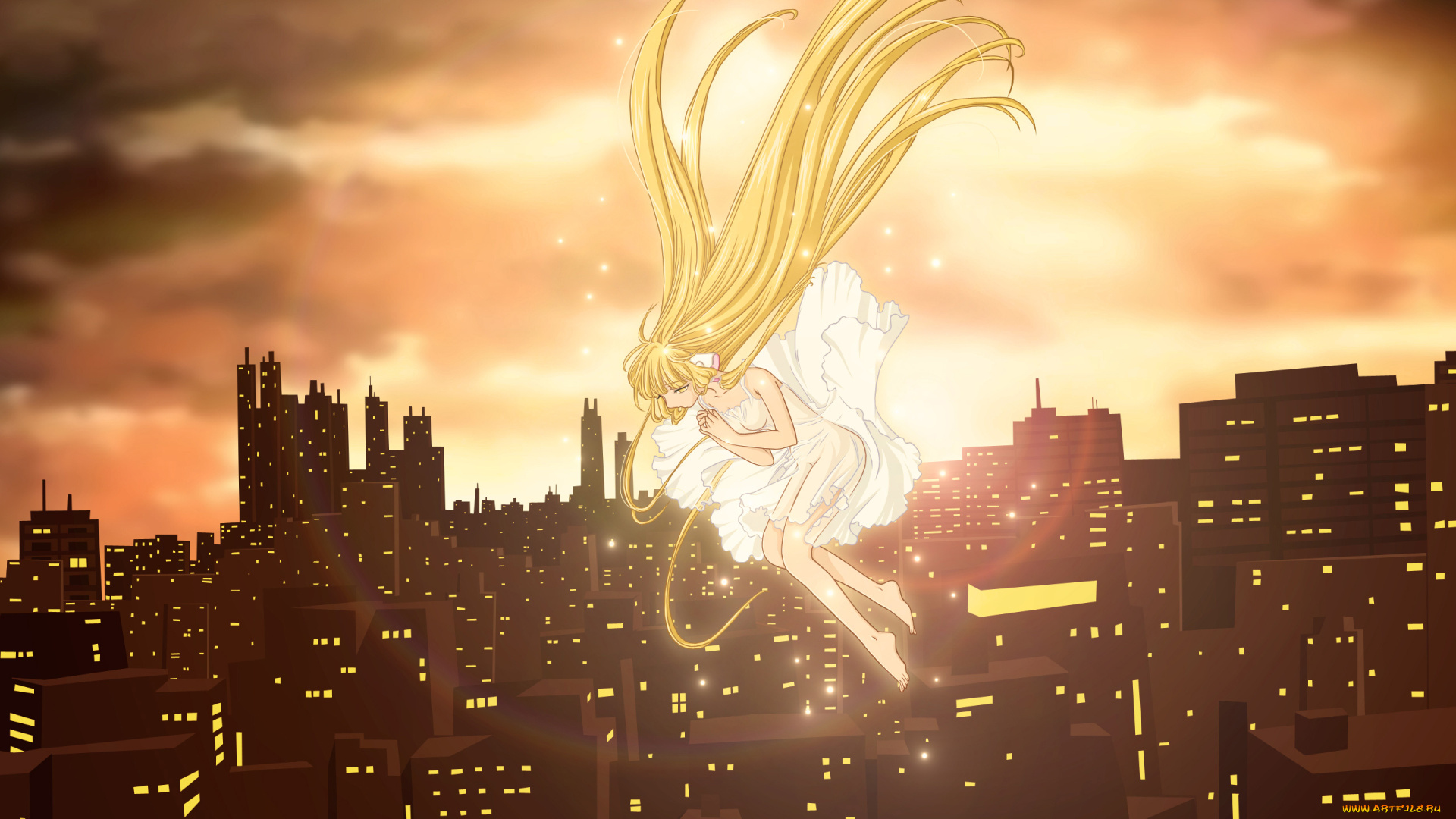 аниме, chobits, облака, небо, огни, свет, солнце, город, cilou, платье, девушка, chii