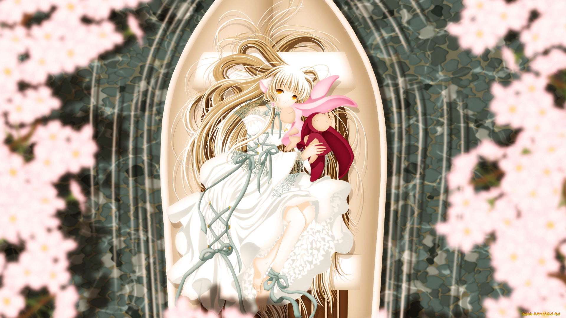 аниме, chobits, платье, девушка, chii, cilou, ленты, кролик, игрушка, лепестки, вода, лодка, цветы, ушки