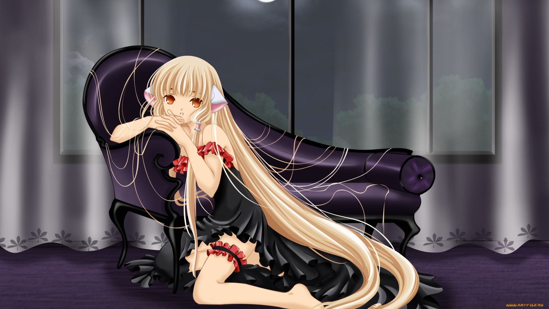 аниме, chobits, платье, девушка, chii, месяц, окно, шторы, комната, диван, кресло, ушки