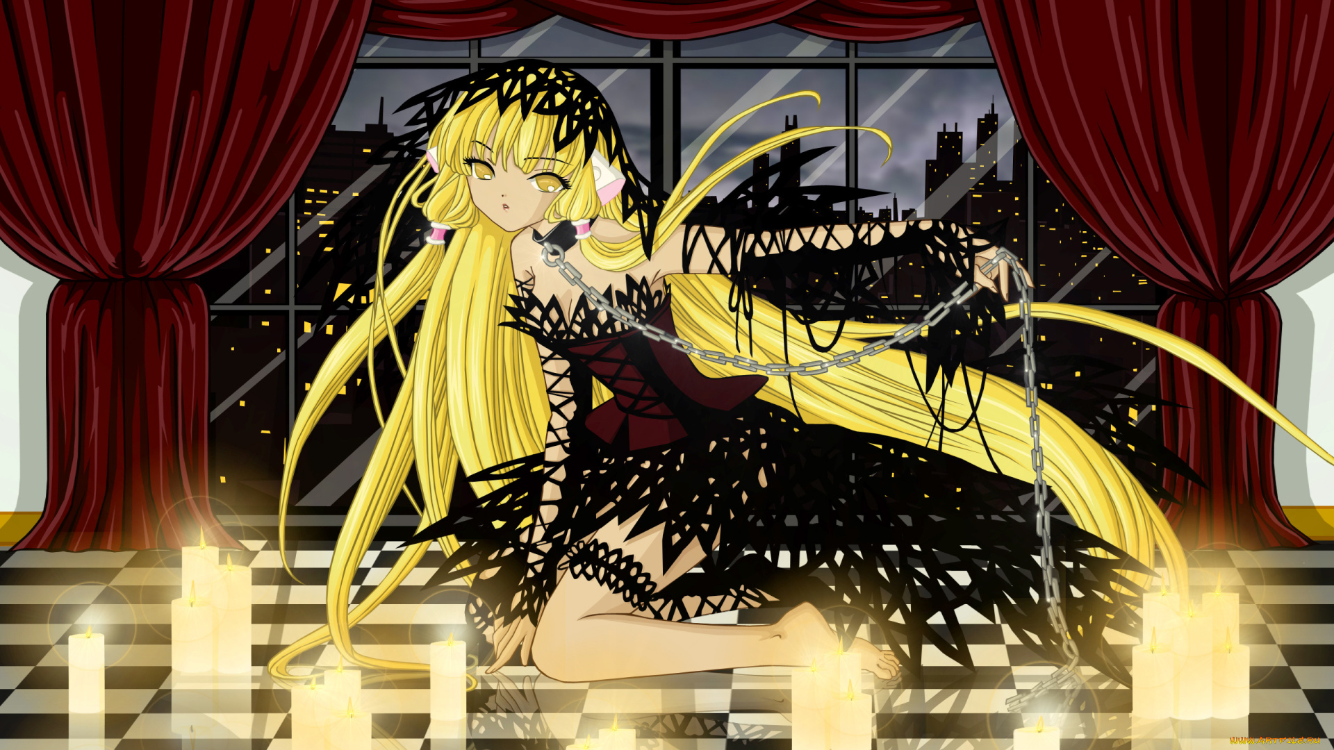 аниме, chobits, свечи, шторы, свет, окно, город, клетчатый, пол, цепь, cilou, ушки, платье, девушка, freya