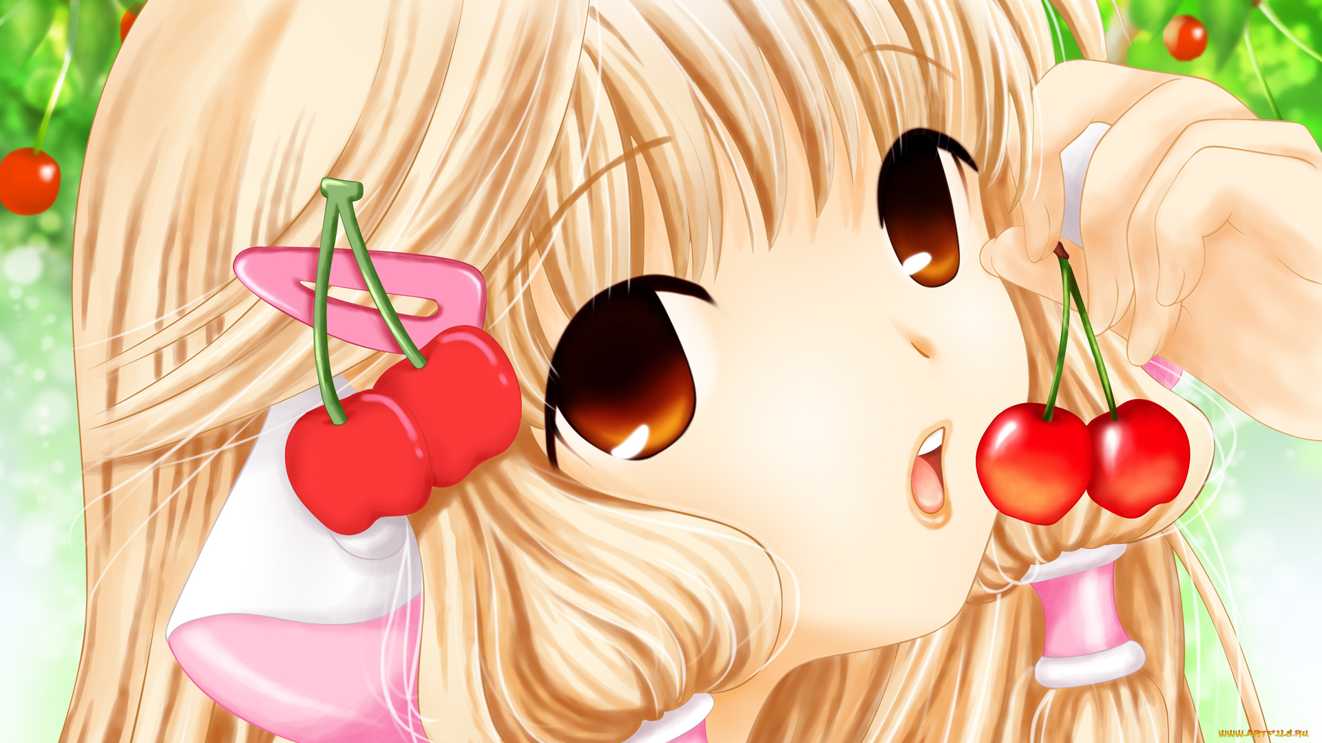 аниме, chobits, вишня, заколка, ушки, девушка, chii, yamionpu, растения, фрукты