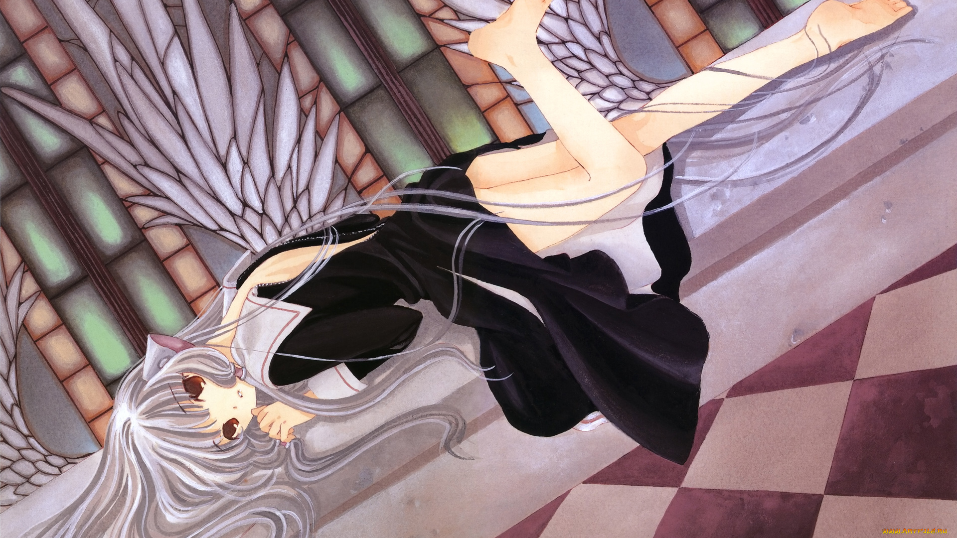 аниме, chobits, витраж, клетчатый, пол, платье, крылья, ушки, девушка, chii