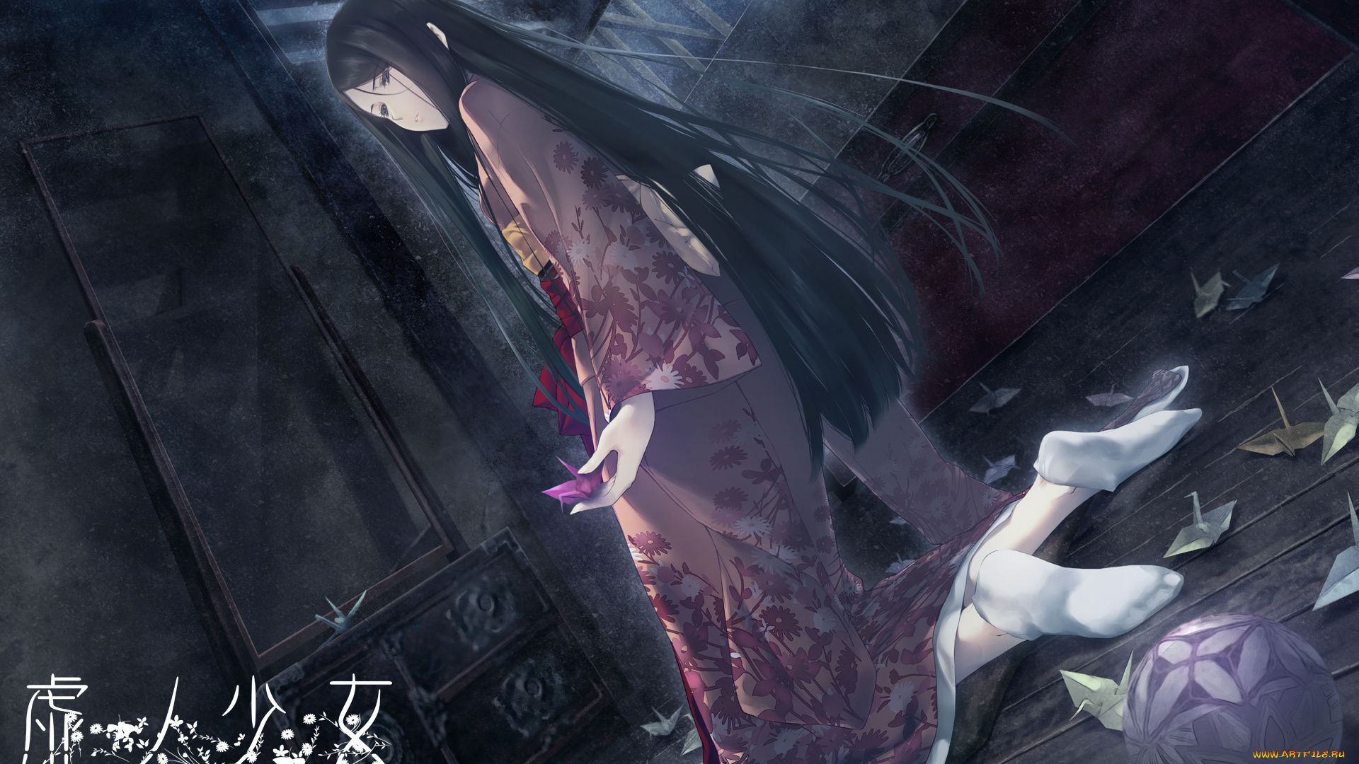 аниме, innocent, grey, оригами, бумажный, комод, журавль, девушка, комната, sugina, miki, кимоно