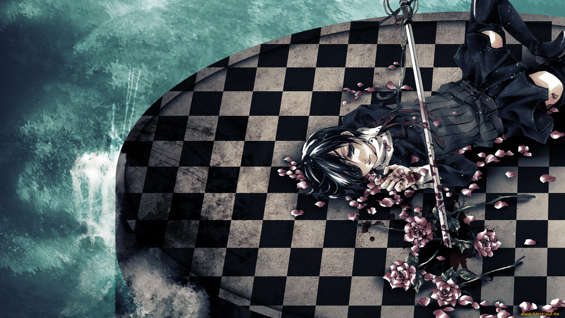 аниме, kuroshitsuji, вода, клетчатый, пол, оружие, ciel, phantomhive, меч, глазная, кровь, мужчина, повязка, лепестки, розы, цветы