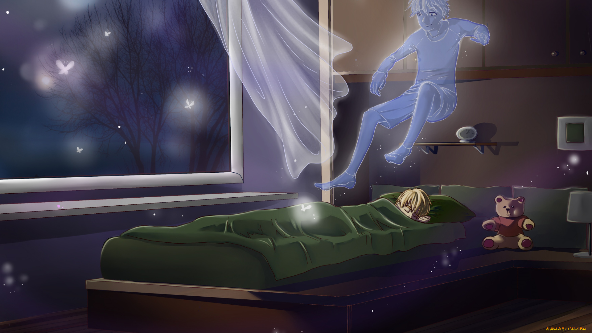 аниме, магия, , колдовство, , halloween, арт, кровать, спит, ночь, комната, окно, парень, занавеска, призрак