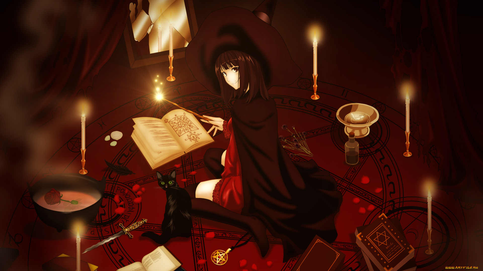 аниме, магия, , колдовство, , halloween, пентаграмма, подсвечник, свечи, шторы, ведьма, девушка, cilou, sugina, miki, лепестки, кинжал, нож, амулет, книги, перья, котел, цветы, розы, животное, черный, кот, волшебная, палочка, плащ, шляпа