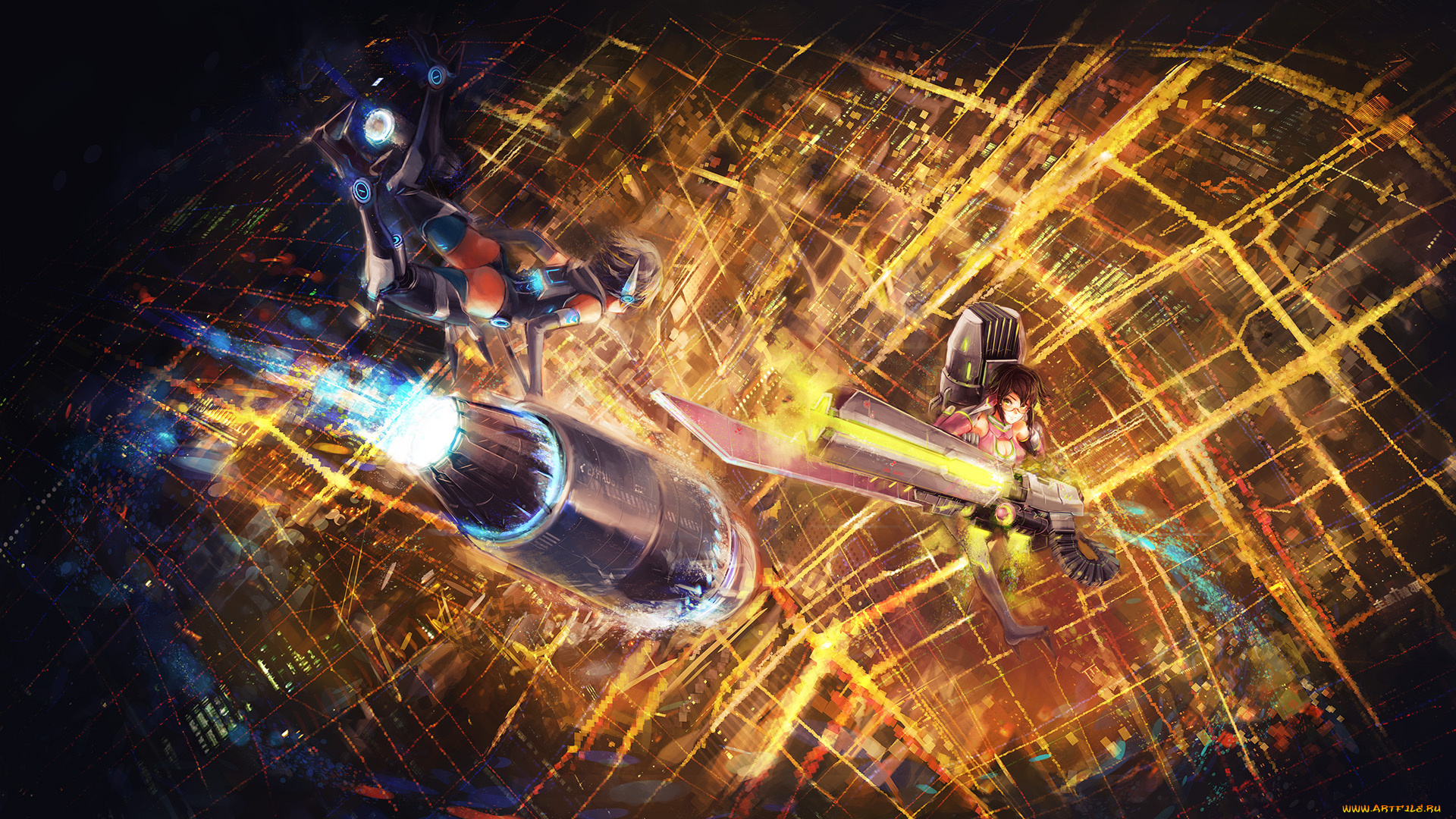 аниме, оружие, , техника, , технологии, doomfest, доспехи, бой, огни, девушки, ночь, город, киборг, робот, полет
